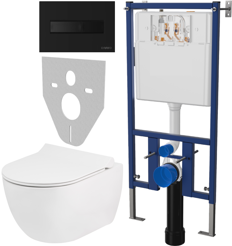Комплект Унитаз подвесной Seramiksan Hill A031161H безободковый, с микролифтом + Система инсталляции для унитазов DIWO 4501 + Кнопка смыва DIWO 7323 черная матовая