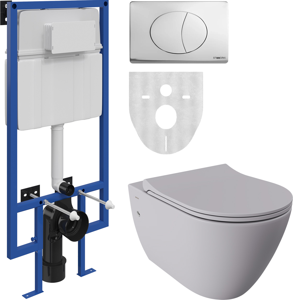 Комплект Унитаз подвесной BOCCHI Venezia 1295-006-0129 тонкая крышка с микролифтом, серый матовый + Система инсталляции для унитазов STWORKI 510163 + Кнопка смыва STWORKI 230823 хром матовый
