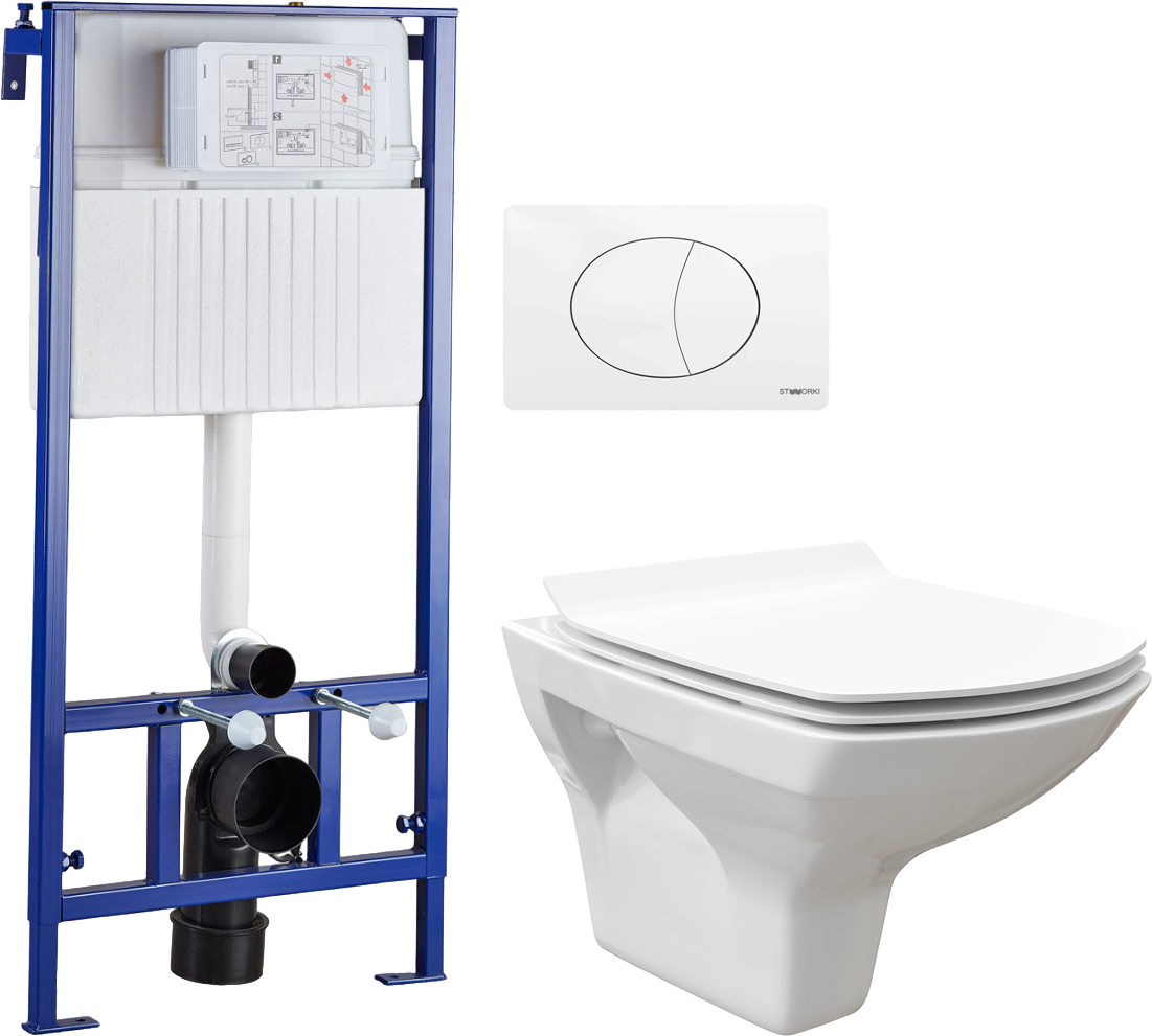 Комплект Унитаз подвесной STWORKI Стокгольм Clean On DPL EO slim 63428 безободковый + Система инсталляции для унитазов STWORKI 510163 + кнопка смыва