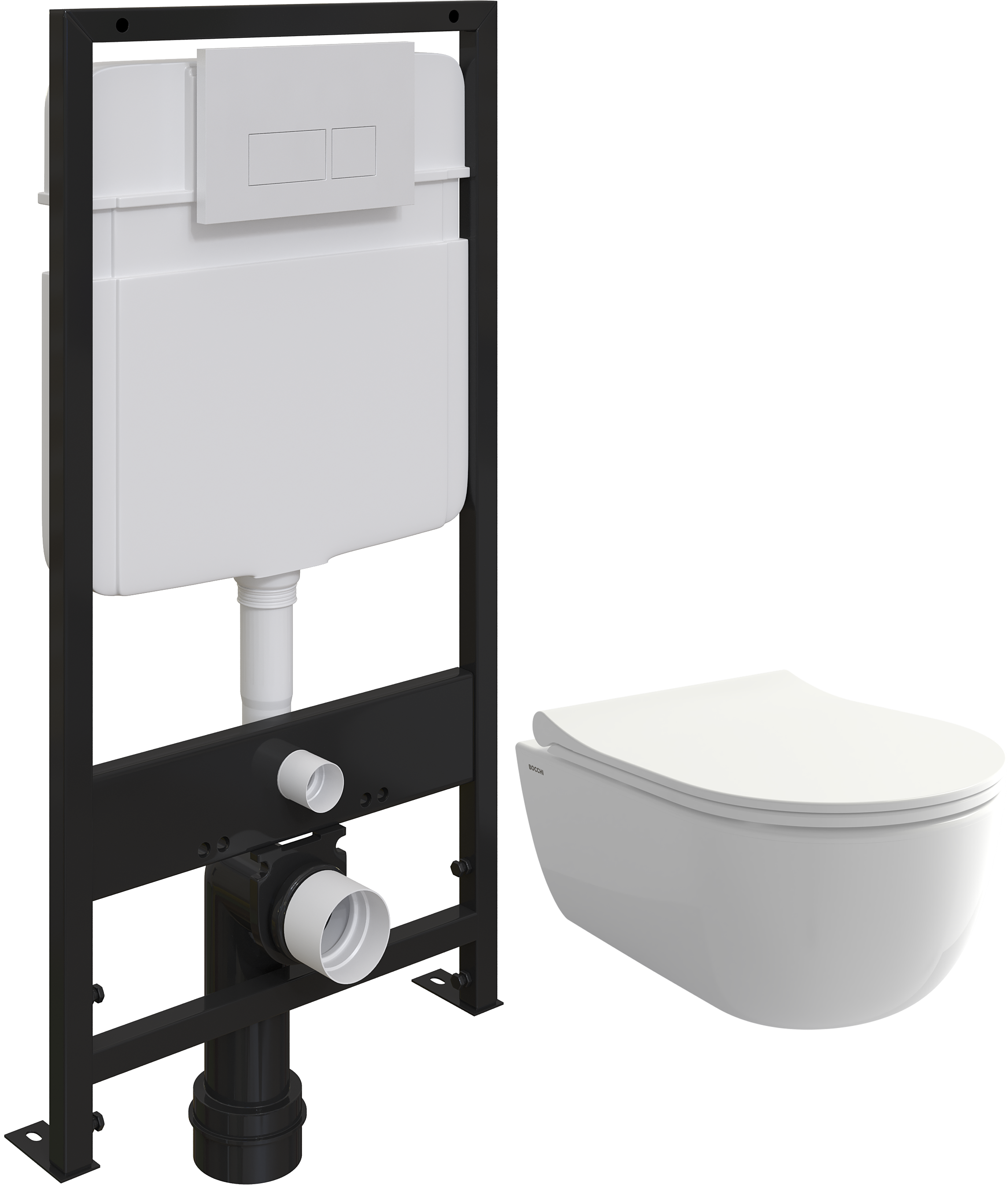 Комплект Унитаз подвесной BOCCHI V-Tondo 1417-001-0129 белый глянцевый, тонкая крышка с микролифтом + Система инсталляции для унитазов EWRIKA ProLT 0026-2020 с кнопкой смыва 0042 белой матовой