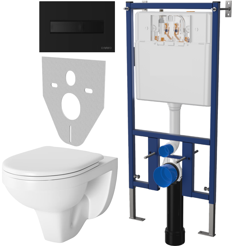 Комплект Унитаз подвесной Berges Wasserhaus Gamma 081105 с микролифтом + Система инсталляции для унитазов DIWO 4501 + Кнопка смыва DIWO 7323 черная матовая