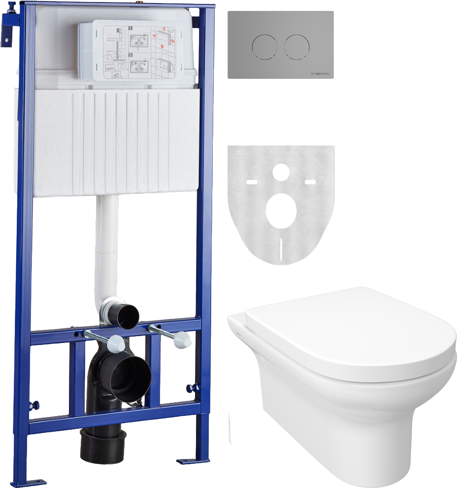 Комплект Унитаз подвесной STWORKI Хаммель HDC520WH с микролифтом + Инсталляция + Кнопка Хельсинки 500473 хром матовая