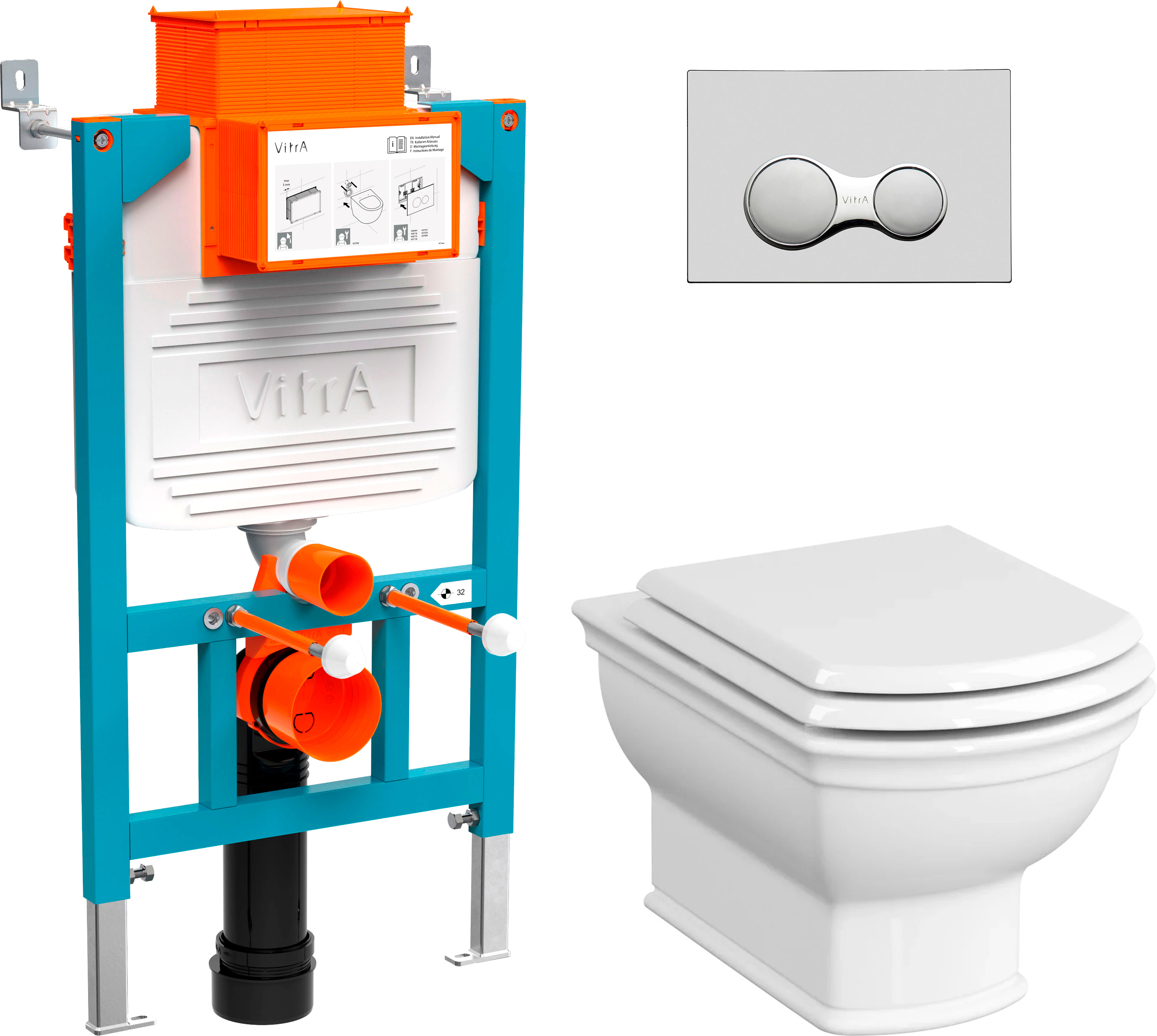 Комплект  Система инсталляции VitrA 800-2017 с кнопкой смыва, хром + Чаша для унитаза подвесного VitrA Valarte 7805B003-0075 + Крышка-сиденье VitrA Valarte 124-003-009 с микролифтом