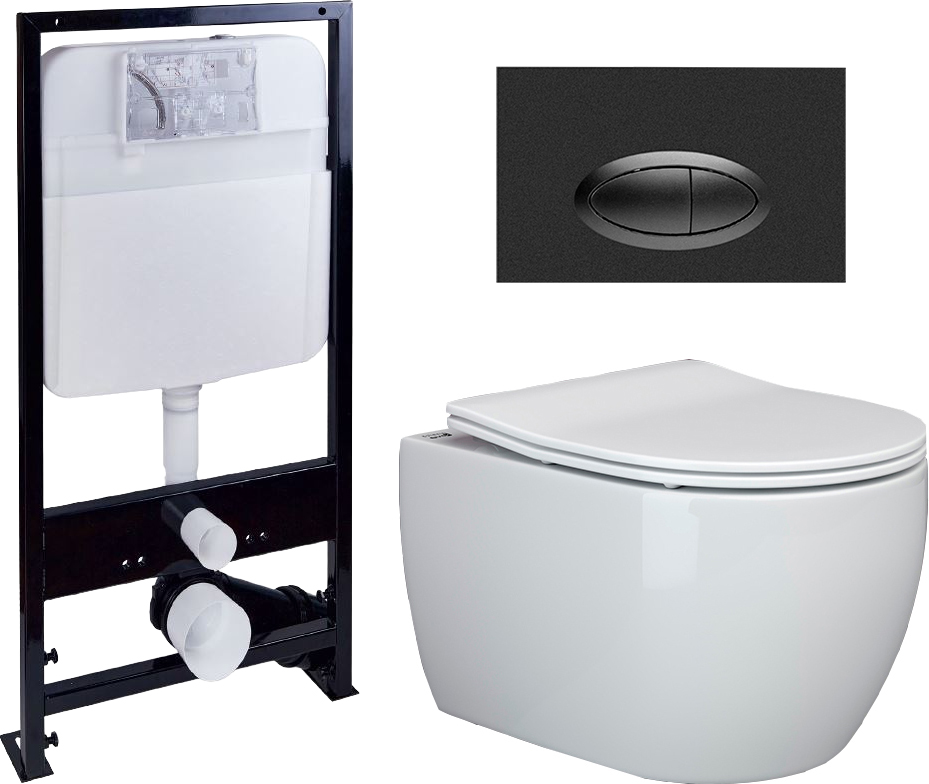 Комплект Унитаз подвесной Ceramica Nova Play CN3001 с микролифтом, безободковый + Система инсталляции EWRIKA ProLT 0026-2020 + Кнопка смыва EWRIKA 0054 черная матовая