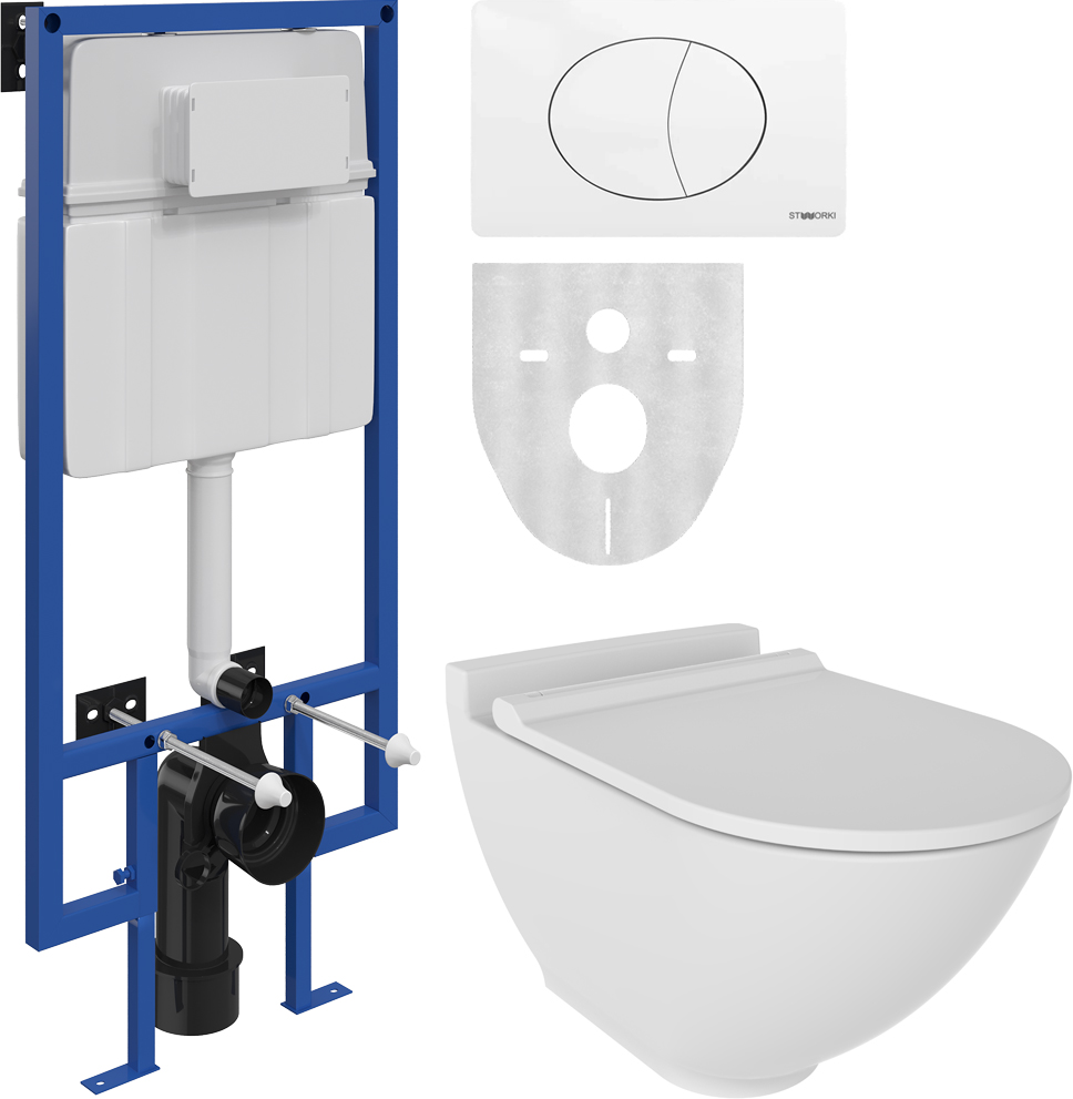 Комплект Унитаз подвесной STWORKI Rotenburg WH52 безободковый + Система инсталляции для унитазов STWORKI 510163 + кнопка смыва
