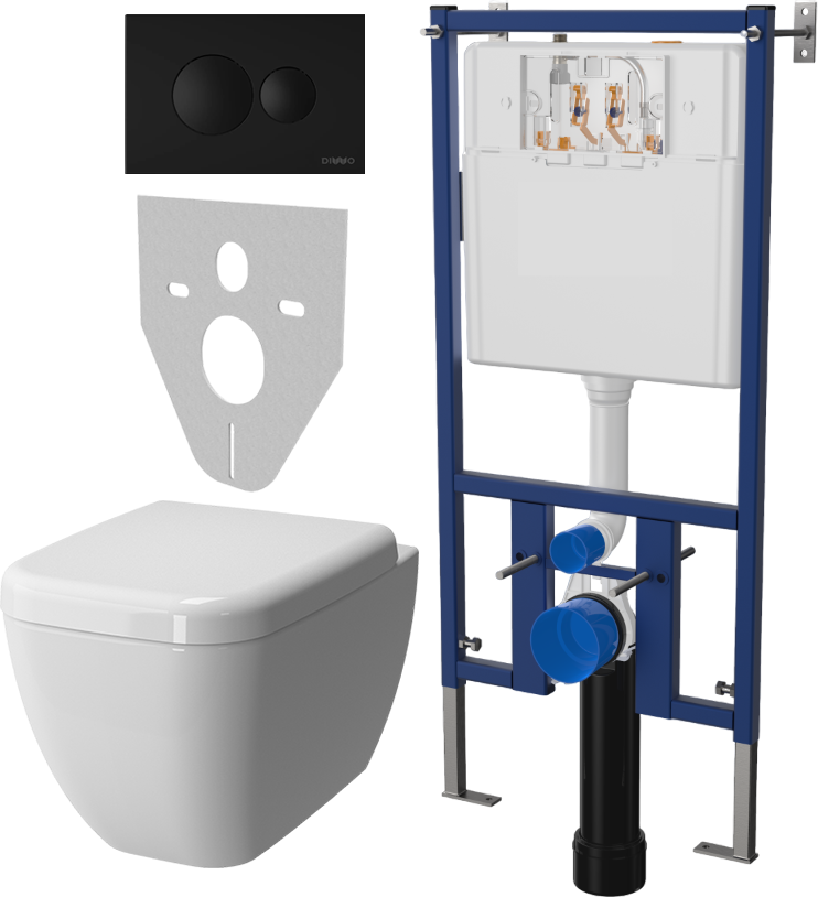 Комплект Унитаз подвесной VitrA Shift 7742B003-0075 крышка NKP Dolce 0406, безободковый, с микролифтом + Система инсталляции для унитазов DIWO 4501 + Кнопка смыва DIWO 7313 черная матовая