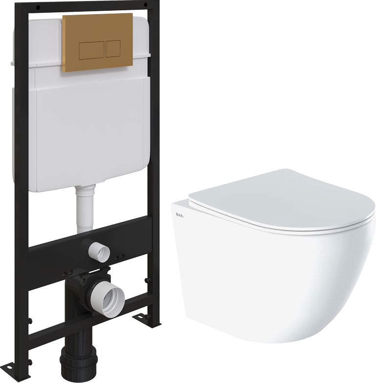 Комплект Унитаз подвесной IDDIS Blanco BLARDSEi25 безободковый, с микролифтом + Система инсталляции для унитазов EWRIKA ProLT 0026-2020 + Кнопка смыва EWRIKA 0043 золото матовое