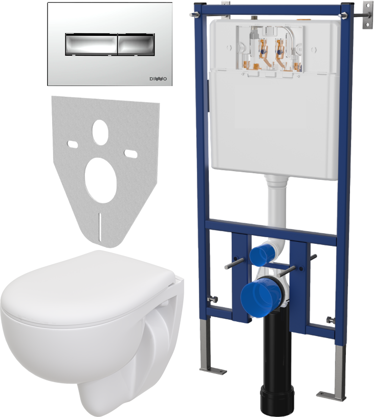 Комплект 4 в 1 Унитаз подвесной Seramiksan Natura A051041H + Сиденье AG50002 + Инсталляция DIWO 4501 + Кнопка 7322 цвет глянцевый хром