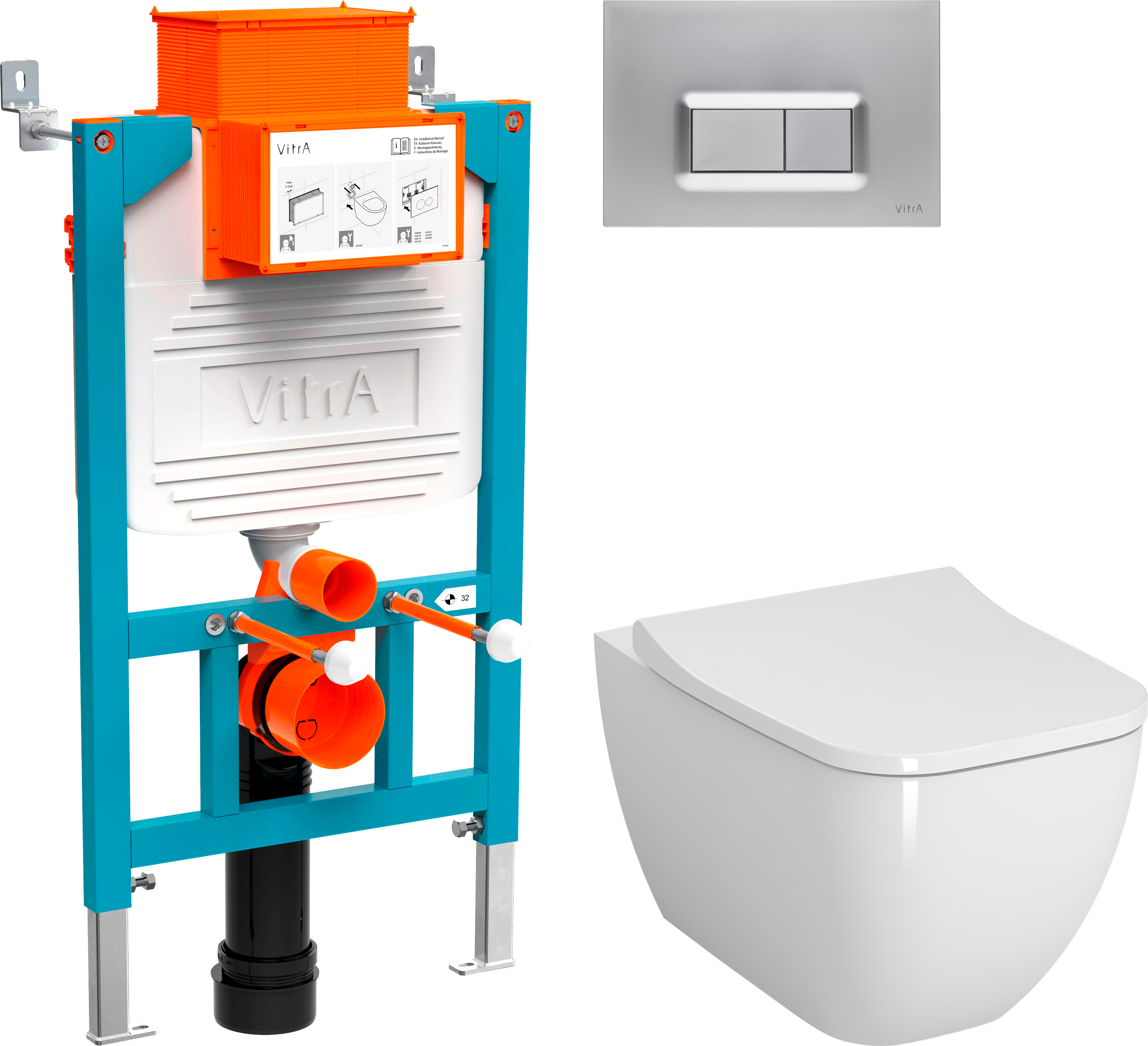 Комплект  Унитаз подвесной VitrA Shift 7742B003-0075 с тонкой крышкой NKP Lento + Система инсталляции для унитазов VitrA 800-2018 с кнопкой смыва, хром