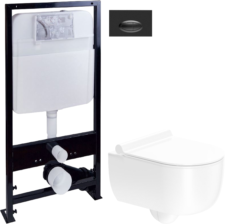 Комплект Унитаз подвесной STWORKI Ольборг HCOLB1700SC безободковый, с микролифтом + Инсталляция EWRIKA ProLT 0026-2020 + Кнопка 0054 черная матовая