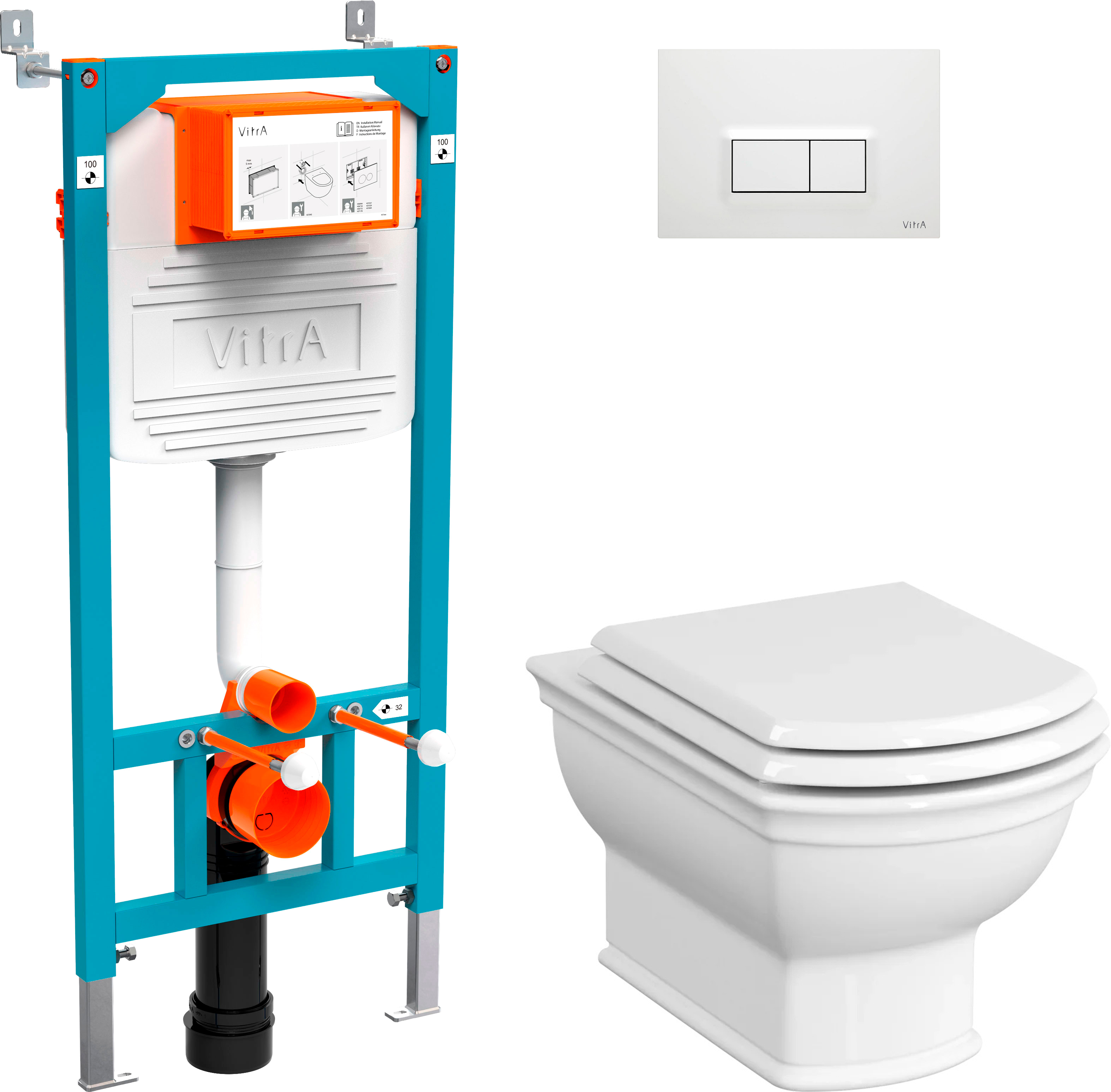 Комплект  Система инсталляции VitrA 800-2012 с кнопкой смыва, белая + Чаша для унитаза подвесного VitrA Valarte 7805B003-0075 + Крышка-сиденье VitrA Valarte 124-003-009 с микролифтом