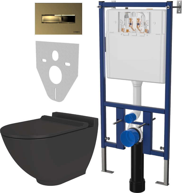 Комплект Унитаз подвесной STWORKI Rotenburg SWH52 безободковый, с микролифтом + Система инсталляции для унитазов DIWO 4501 + Кнопка смыва DIWO 7325 золотая
