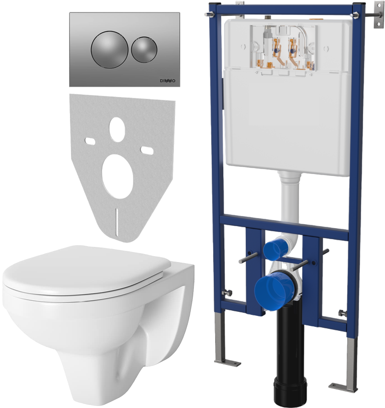 Комплект Унитаз подвесной Berges Wasserhaus Gamma 081105 с микролифтом + Система инсталляции для унитазов DIWO 4501 + Кнопка смыва DIWO 7311 хром матовый