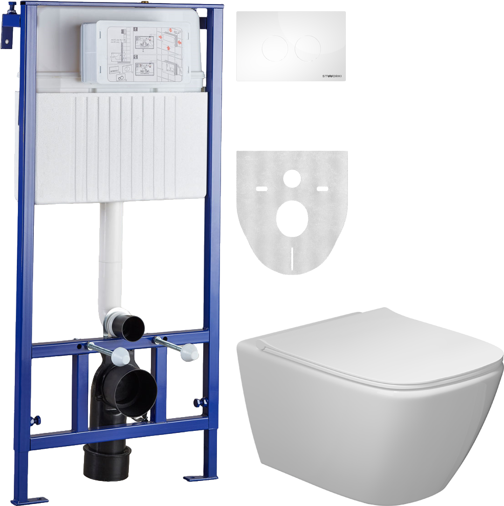 Комплект Унитаз подвесной STWORKI Карлстад 5610 безободковый, с микролифтом + Инсталляция + Кнопка Хельсинки 500470 белая