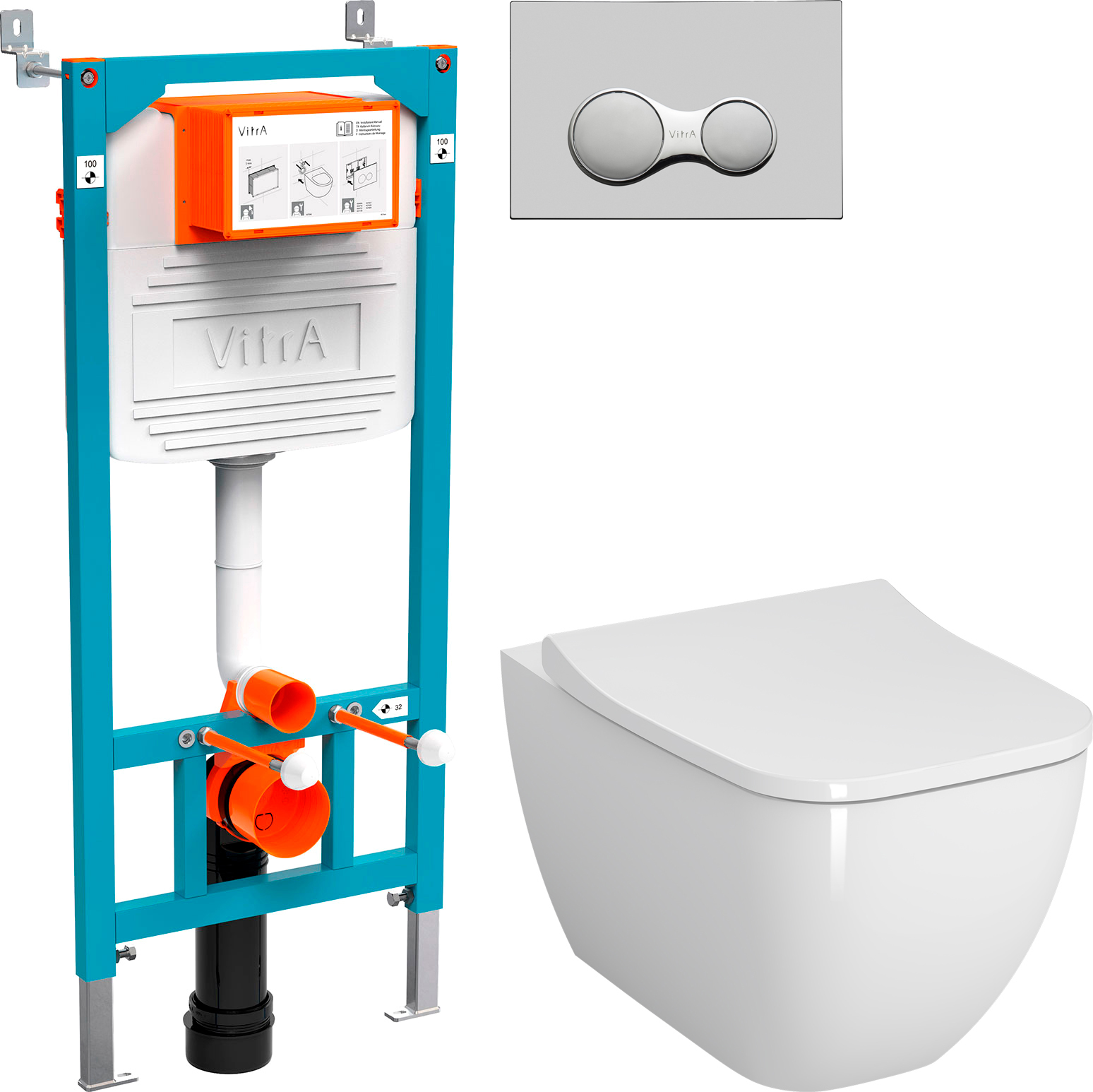 Комплект Унитаз подвесной VitrA Shift 7742B003-0075 белая глянцевая + Крышка NKP Lento 0405 с микролифтом + Инсталляция 800-2010 с кнопкой смыва, хром