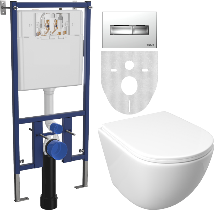 Комплект Унитаз подвесной DIWO Смоленск 11338-1-2 11Z-IG11 безободковый, с микролифтом + Инсталляция 4501 + Кнопка 7322 хром