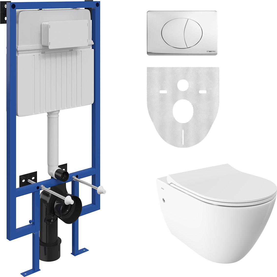 Комплект Унитаз подвесной BOCCHI Venezia 1295-001-0129 белый + Крышка A0336-001 с микролифтом, глянцевая белая + Инсталляция STWORKI 510162 + Кнопка 230822 хром глянцевый