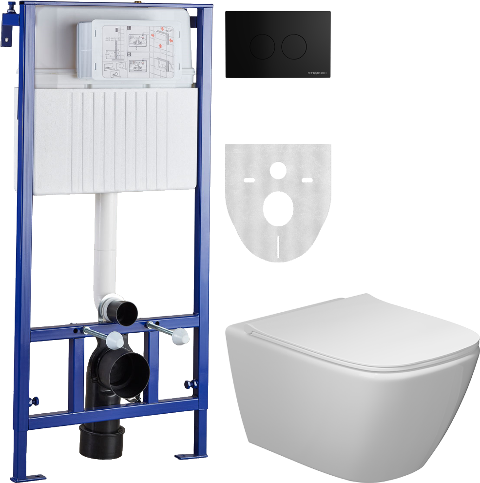 Комплект Унитаз подвесной STWORKI Карлстад 5610 безободковый, с микролифтом + Инсталляция + Кнопка Хельсинки 500471 черная матовая