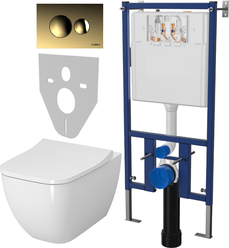 Комплект Унитаз подвесной VitrA Shift 7742B003-0075 крышка NKP Lento 0405, безободковый, с микролифтом + Система инсталляции для унитазов DIWO 4501 + Кнопка смыва DIWO 7315 золотая
