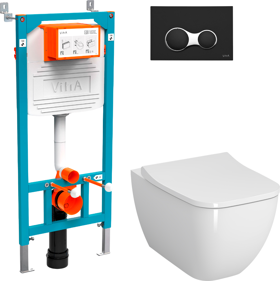 Комплект Унитаз подвесной VitrA Shift 7742B003-0075 белая глянцевая + Крышка 191-003-009 с микролифтом + Инсталляция 800-2011 с кнопкой смыва, черной