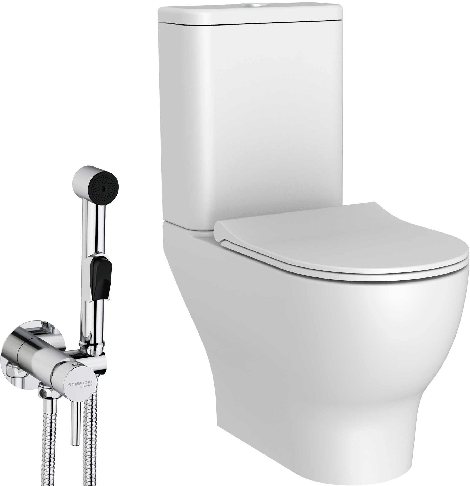 Комплект  Унитаз-компакт STWORKI Merlingen MBTW55 безободковый + Гигиенический душ STWORKI by Damixa Хельсинки HFHS51000 со смесителем, С ВНУТРЕННЕЙ ЧАСТЬЮ, хром