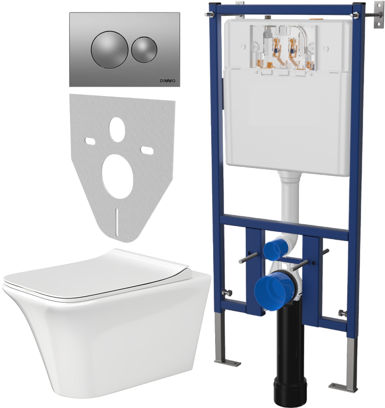 Комплект Унитаз подвесной Cerutti Spa Nivolet Aria 9034 безободковый, с микролифтом + Система инсталляции для унитазов DIWO 4501 + Кнопка смыва DIWO 7311 хром матовый