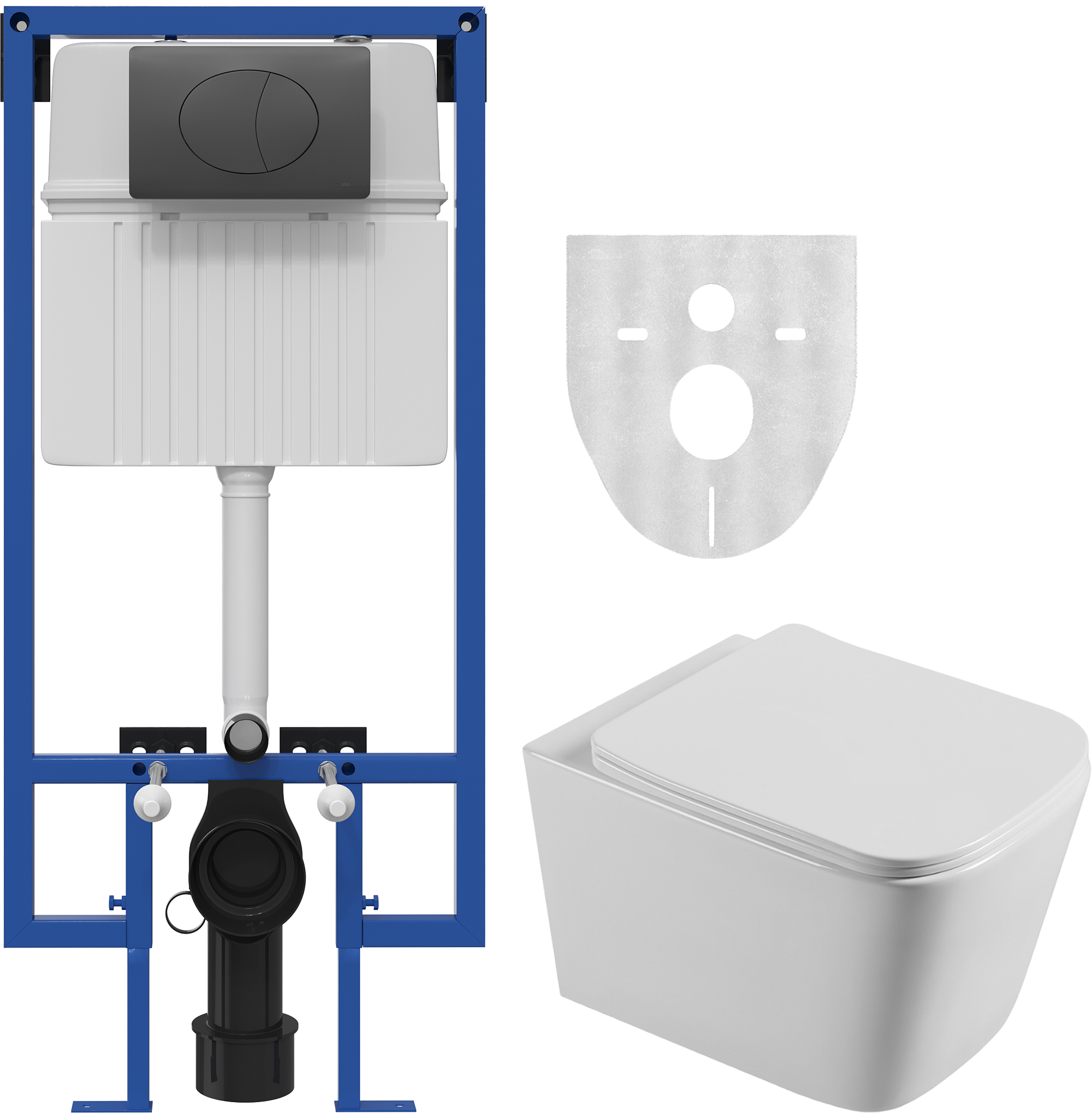 Комплект Унитаз подвесной STWORKI Бурос BU-04up безободковый, с микролифтом + Инсталляция + Кнопка 230858 черный матовый