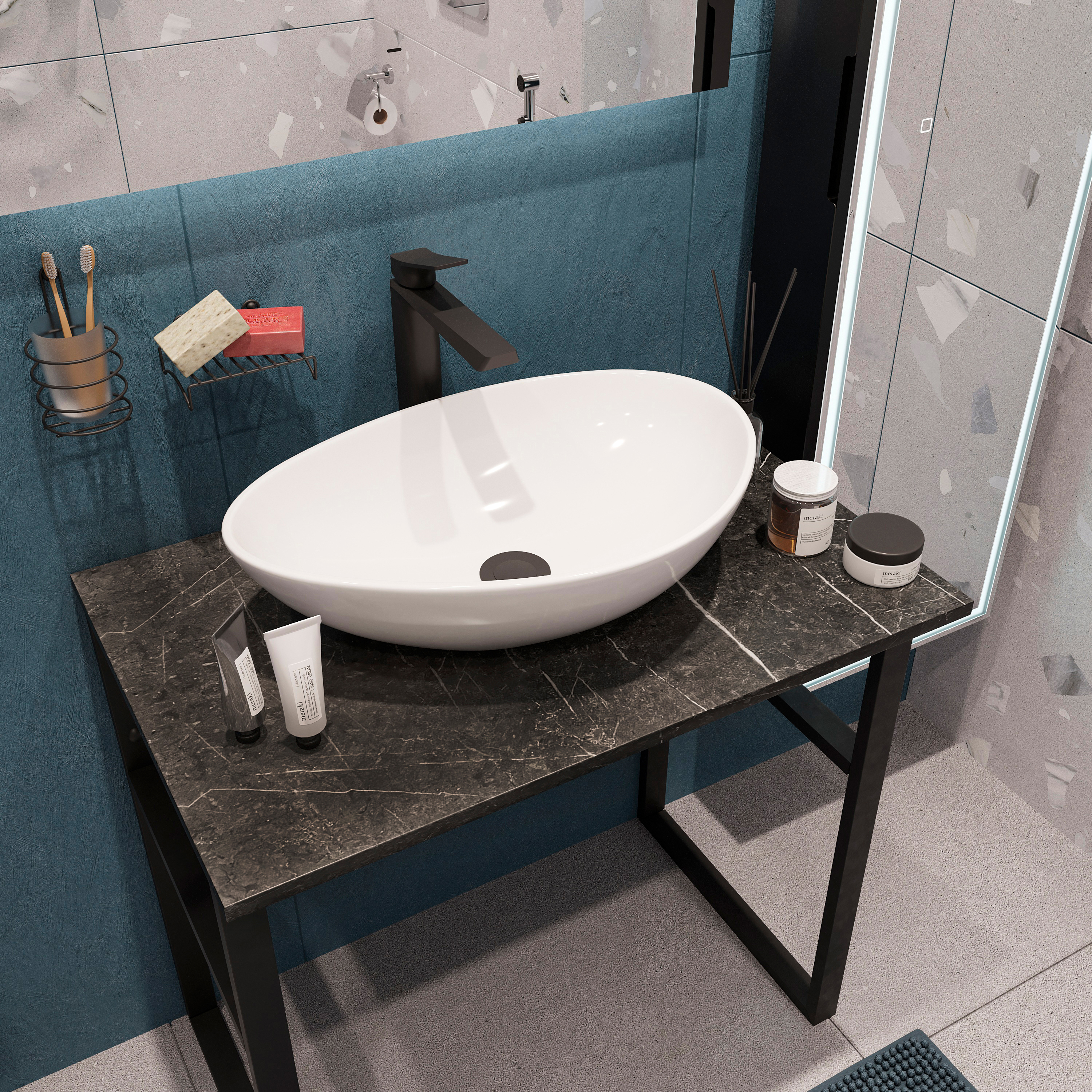 Консоль DIWO Элиста 80 чёрный мрамор, с раковиной Moduo 55 Leaf купить в Тамбове