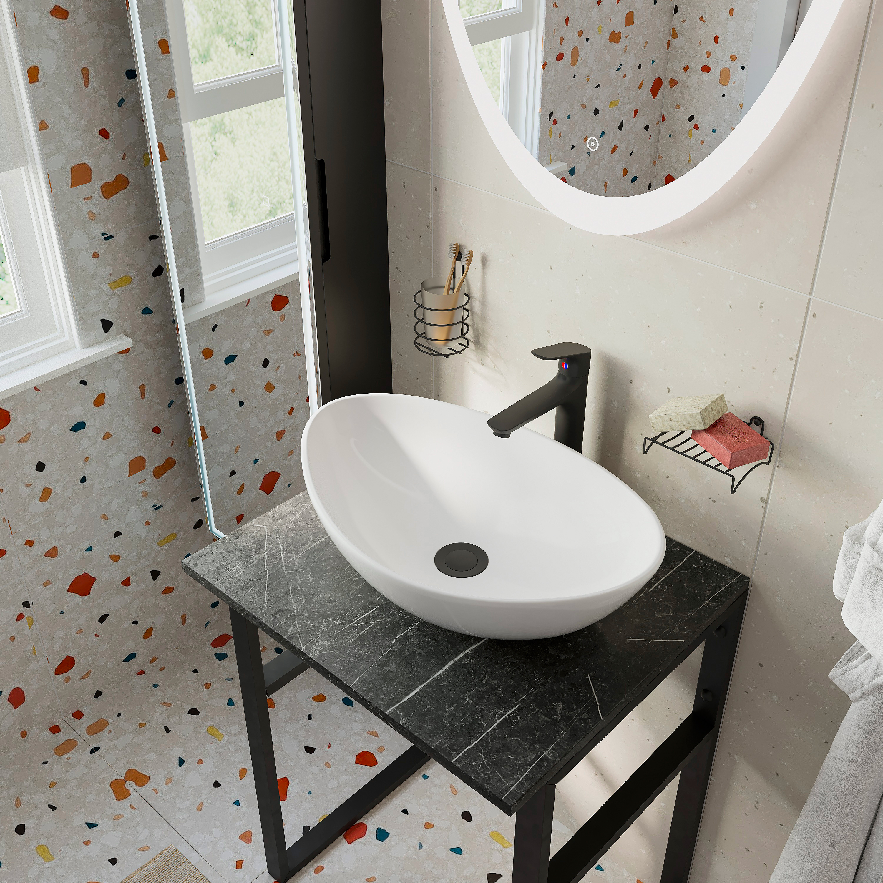 Консоль DIWO Элиста 60 чёрный мрамор, с раковиной Moduo 55 Leaf купить в Тамбове