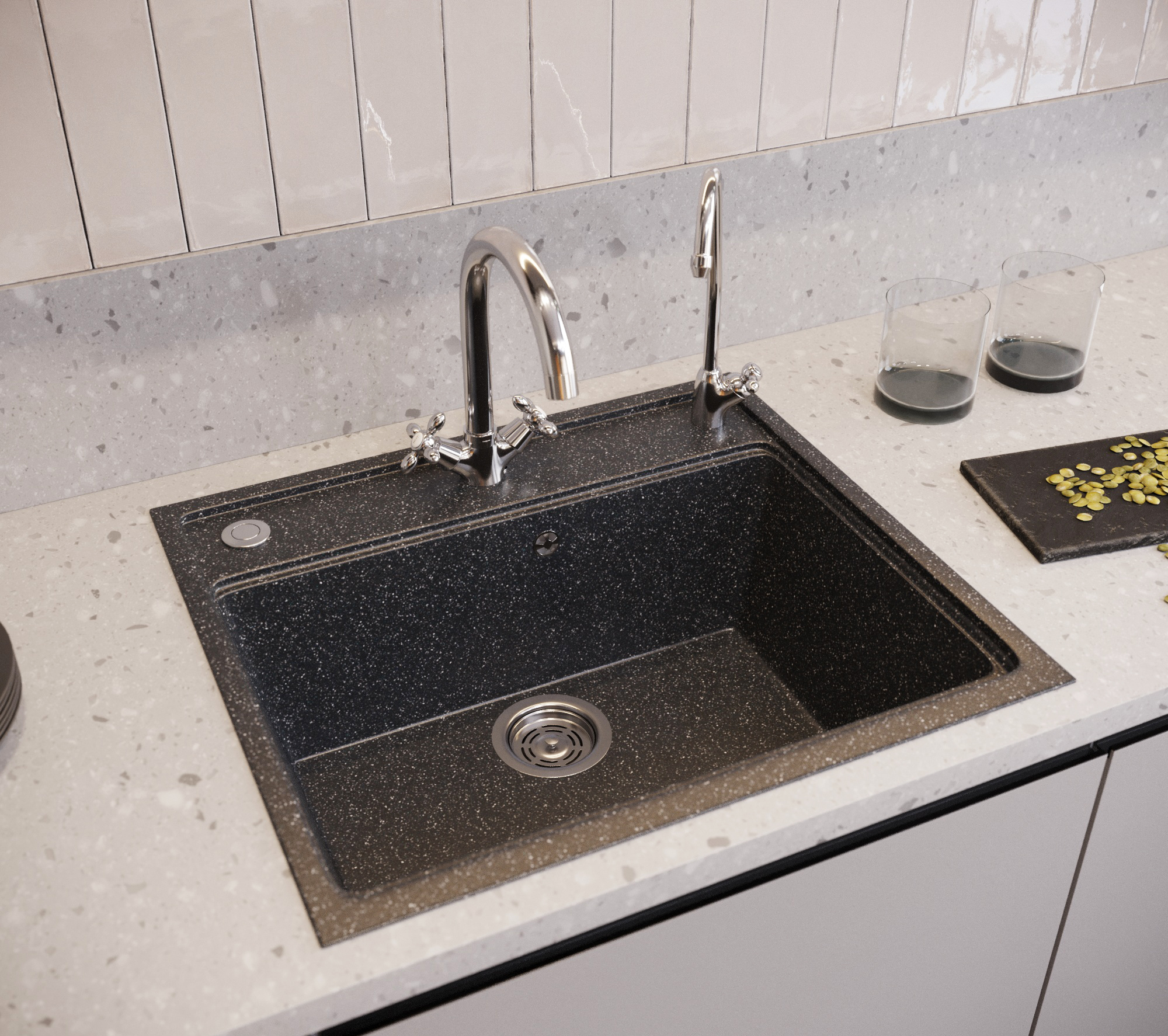 Мойка кухонная Domaci Бьелла DMC-06 черная, встраиваемая, накладная, искусственный мрамор, прямоугольная, российская + Жидкое мыло Grass