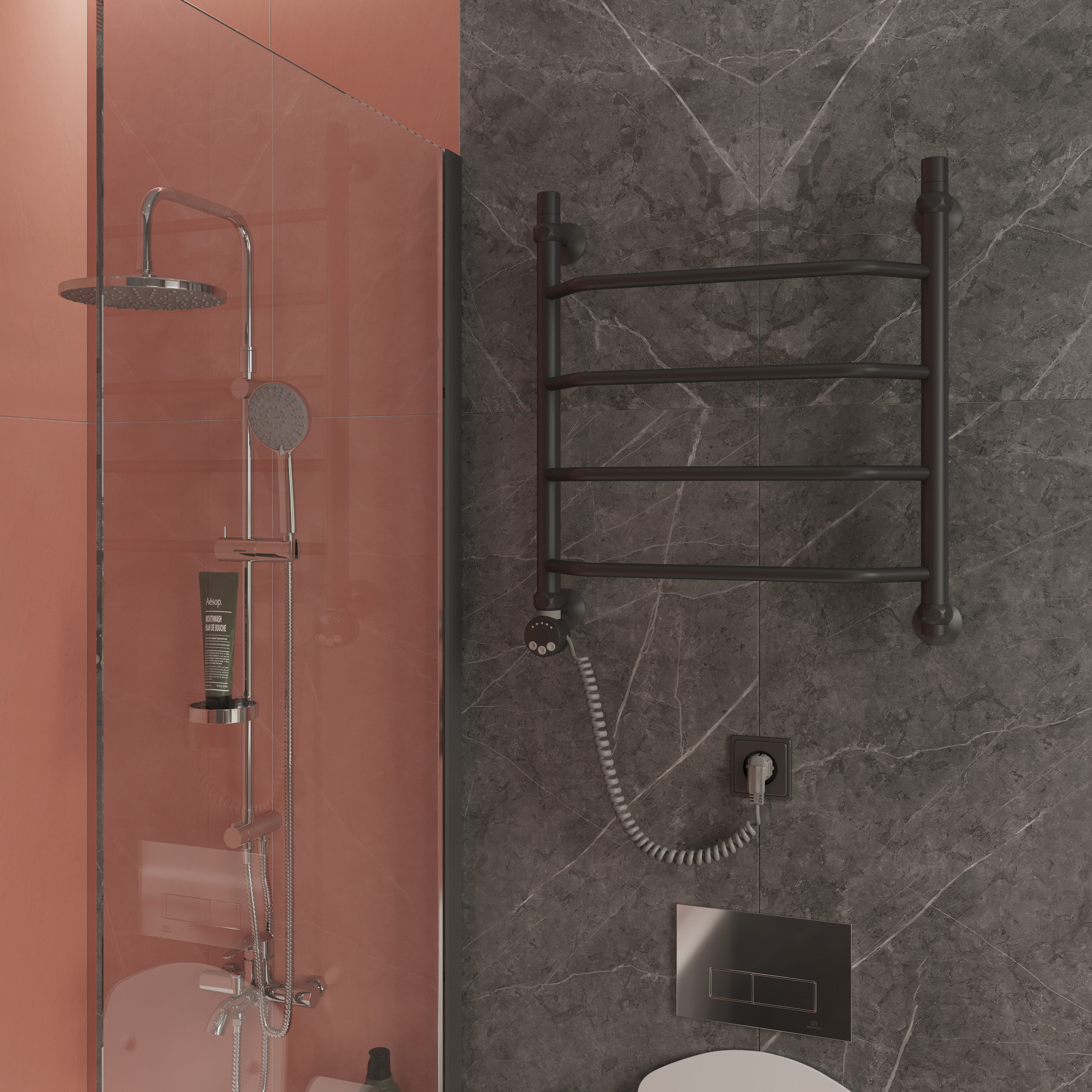 Полотенцесушитель электрический EWRIKA Сафо T 65x55 см, подключение слева, матовый черный, лесенка