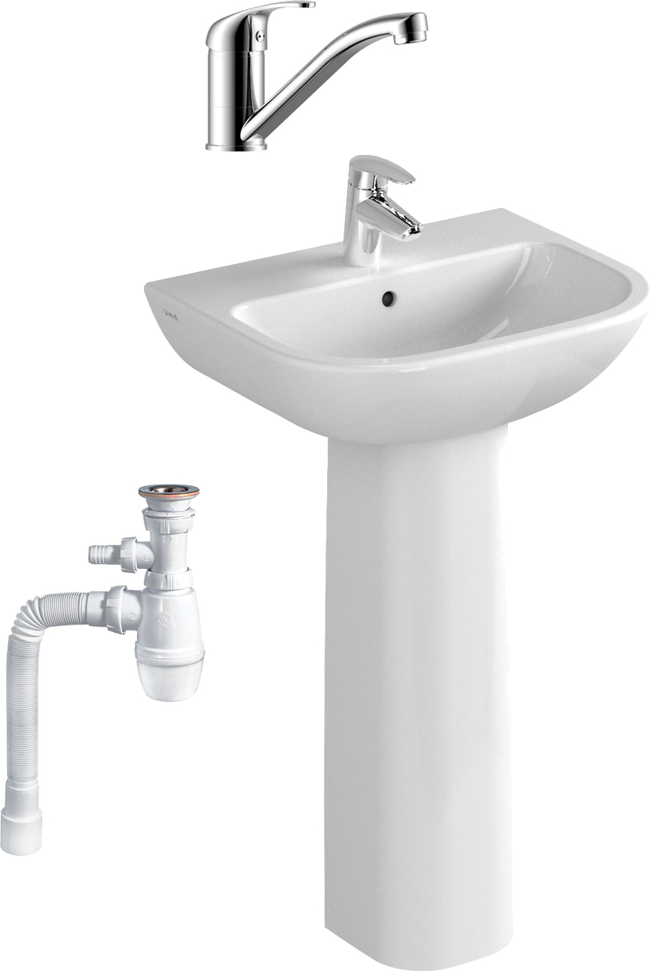Комплект Раковина VitrA S20 5503B003 + Пьедестал 5529B003 + Смеситель Rossinka Y Y35-22 + Сифон Wirquin Минор с отводом для стиральной машины