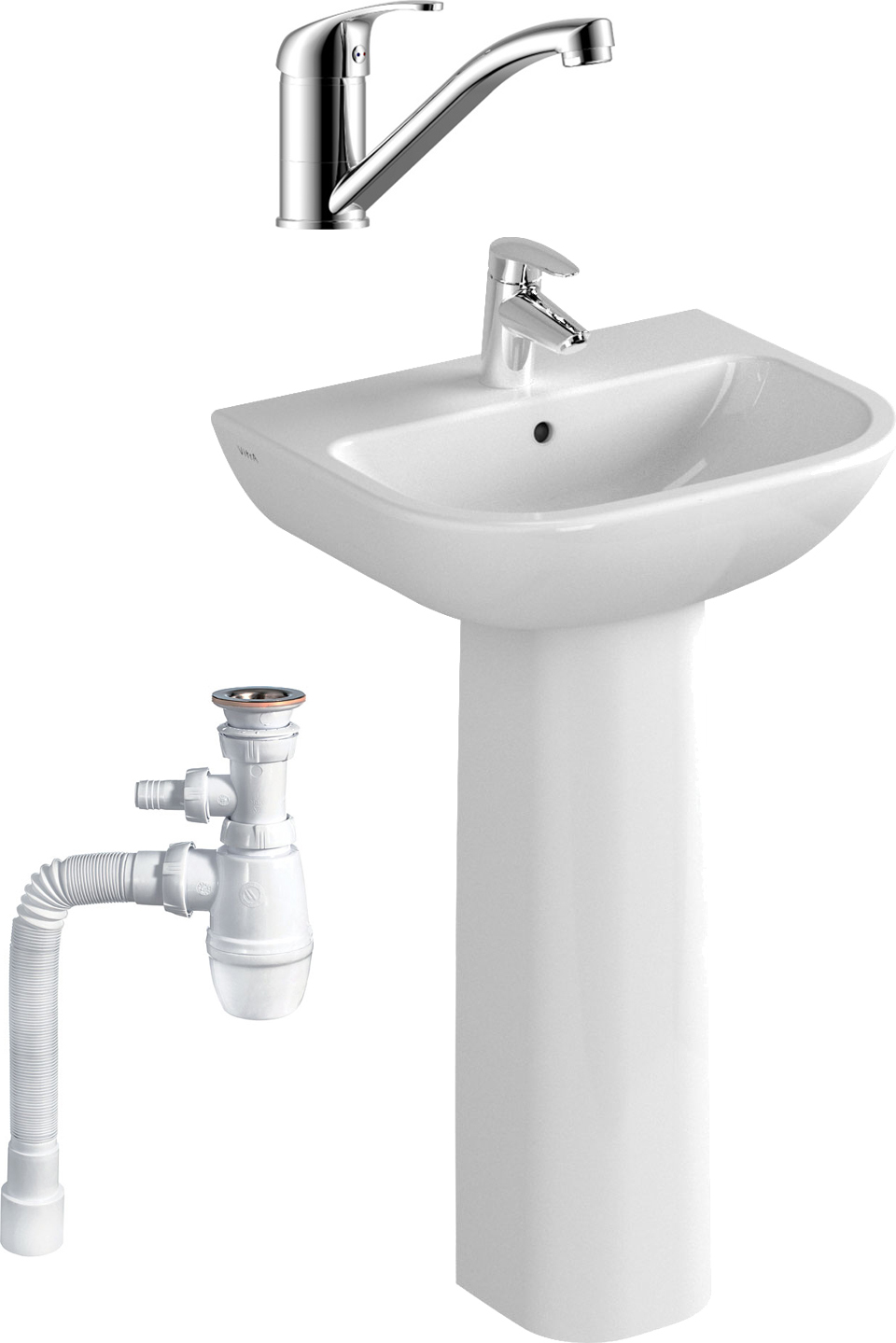 Комплект Раковина VitrA S20 5502B003 + Пьедестал 5529B003 + Смеситель Rossinka Y Y35-22 + Сифон Wirquin Минор с отводом для стиральной машины