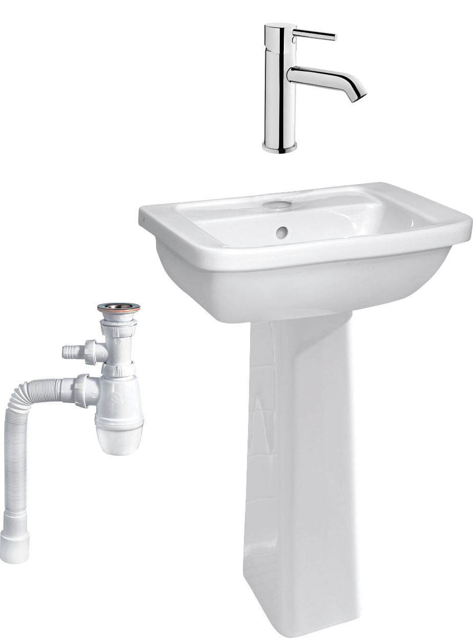 Комплект Раковина VitrA Form 300 9602B003 с пьедесталом + Смеситель Minimax S A41984EXP + Сифон Wirquin Минор с отводом для стиральной машины