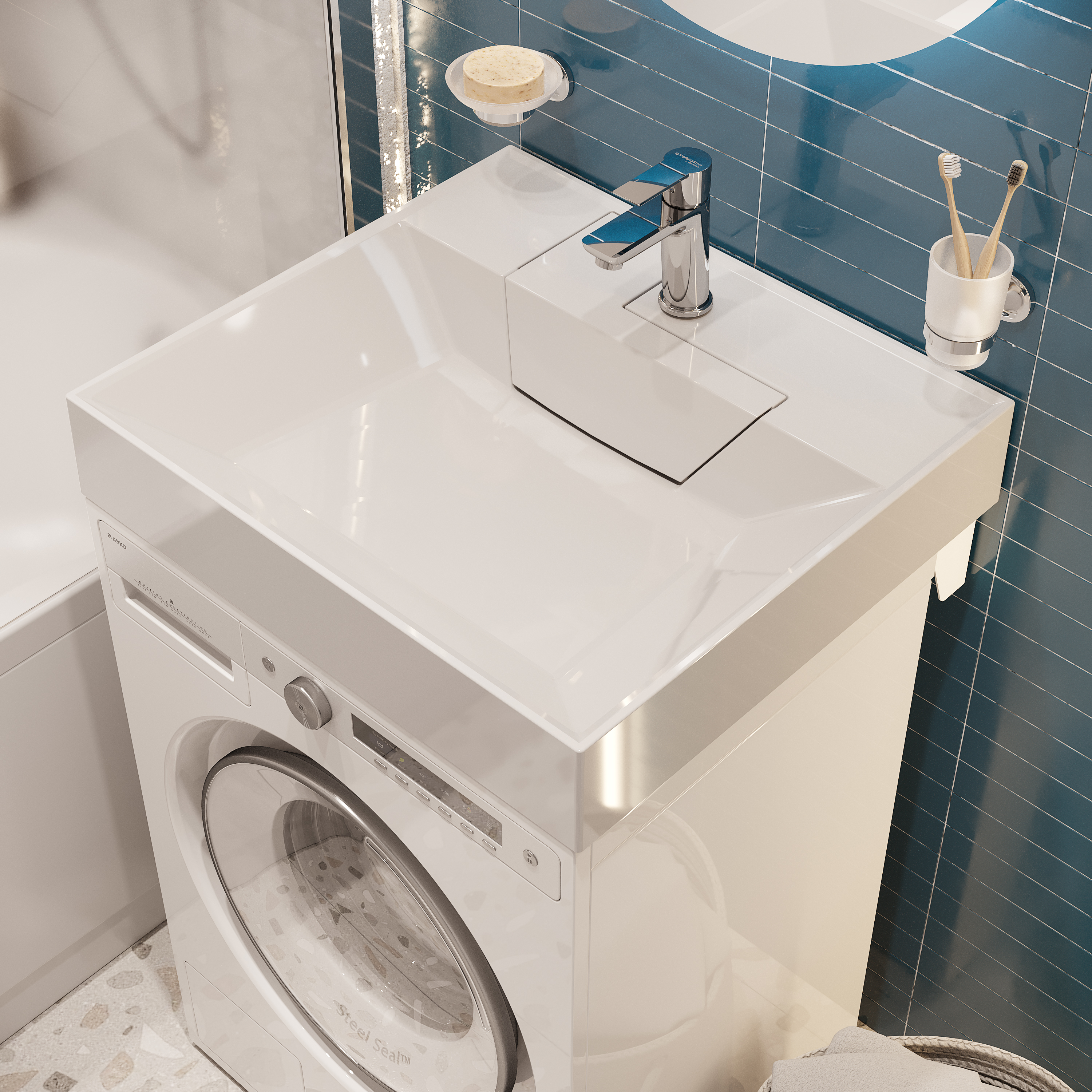 Раковина над стиральной машиной STWORKI Дублин 60x55 глянцевая белая, квадратная, литьевой мрамор, с комплектом кронштейнов