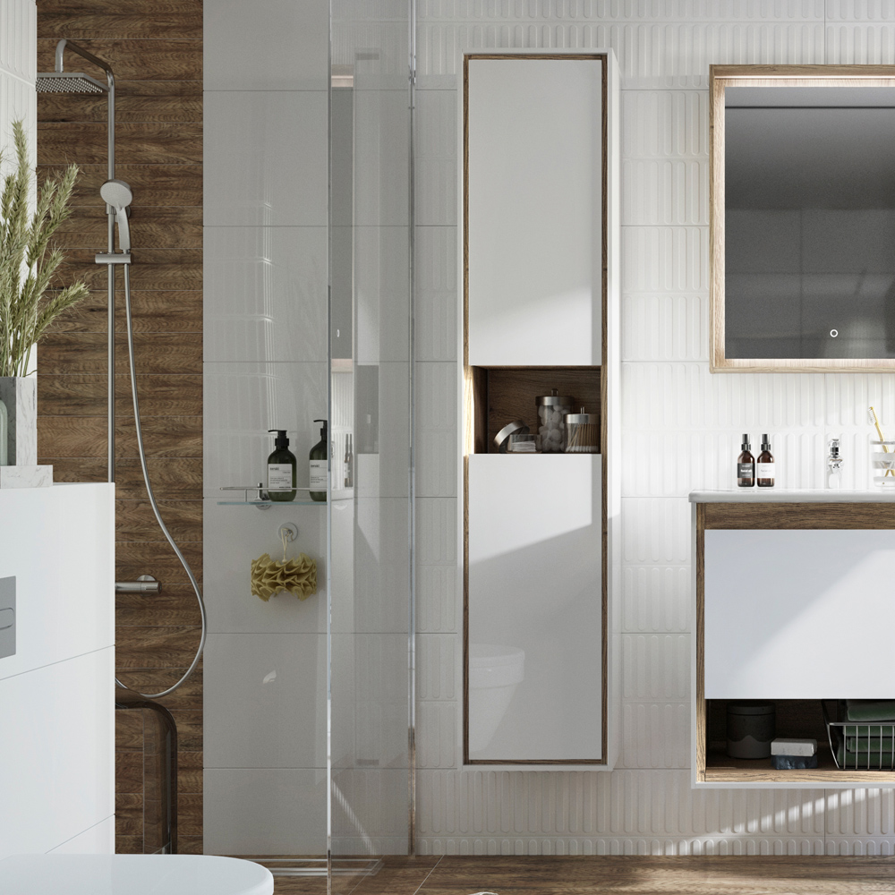 Шкаф-пенал для ванной STWORKI Ольтен 32, белый, дуб сонома