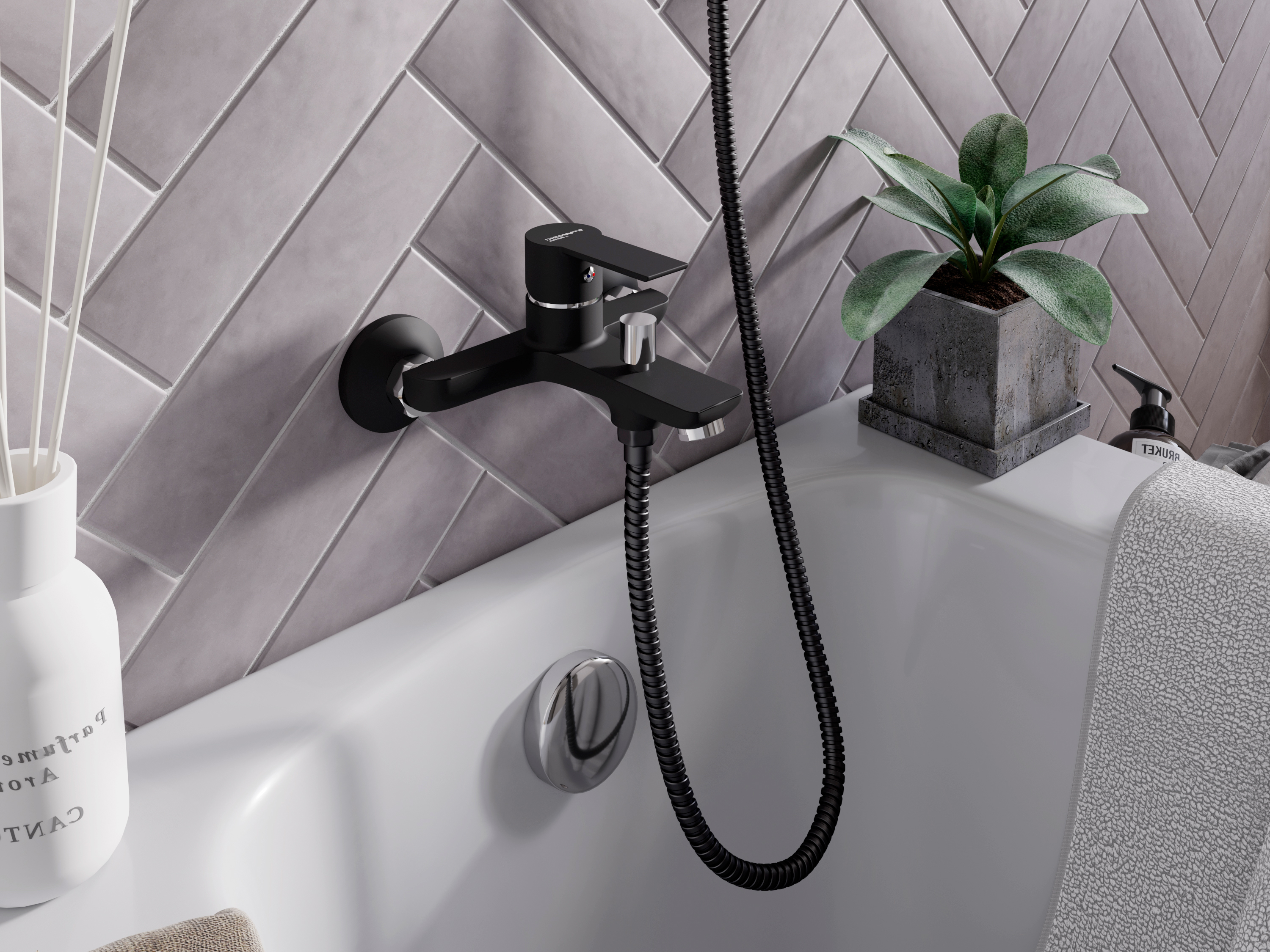 Смеситель для ванны с душем STWORKI Хельсинки HFHS10030 черный, настенный, латунь, однорычажный, с душевым гарнитуром