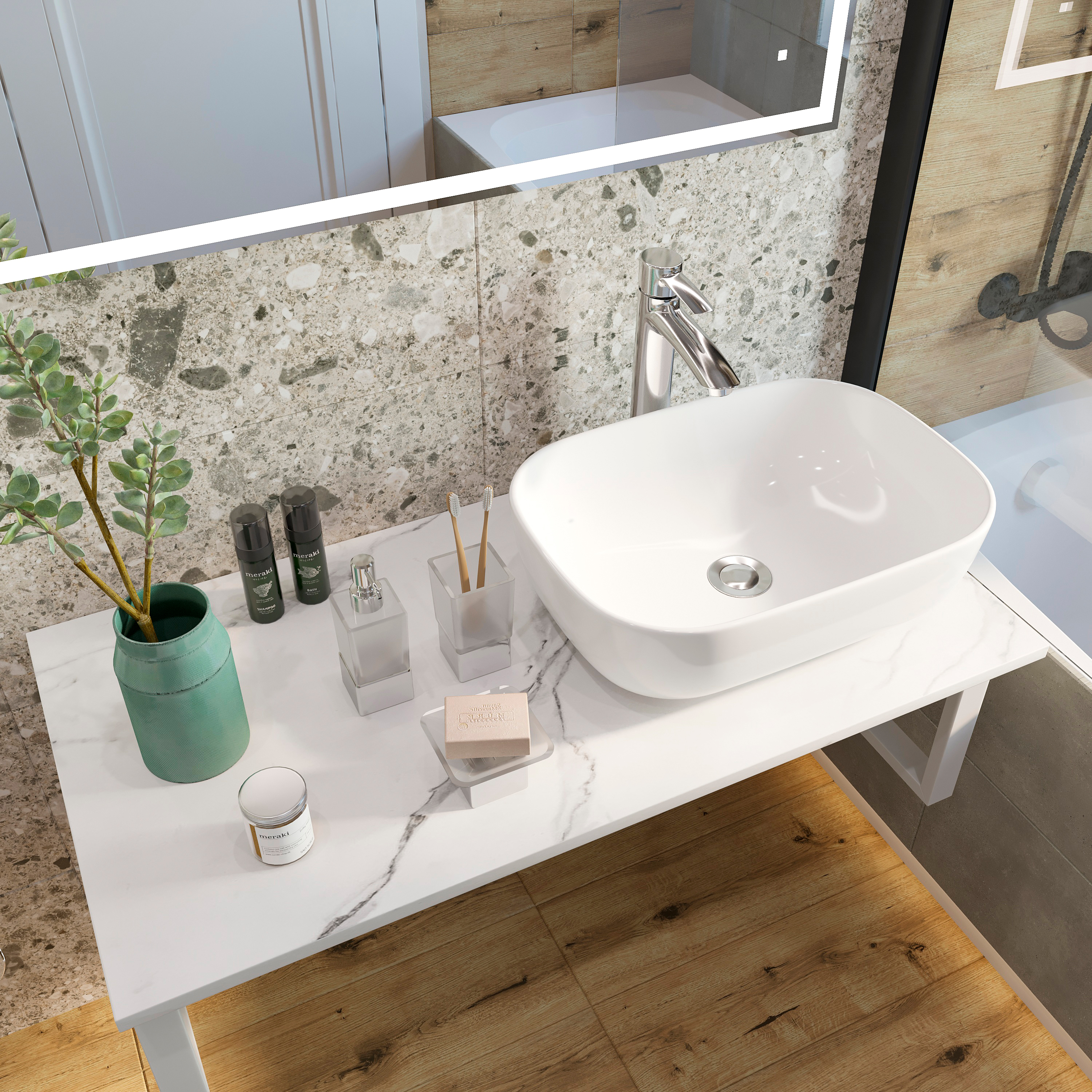 Столешница с раковиной DIWO Элиста 100 белый мрамор, с раковиной Moduo 50 Square купить в Тамбове