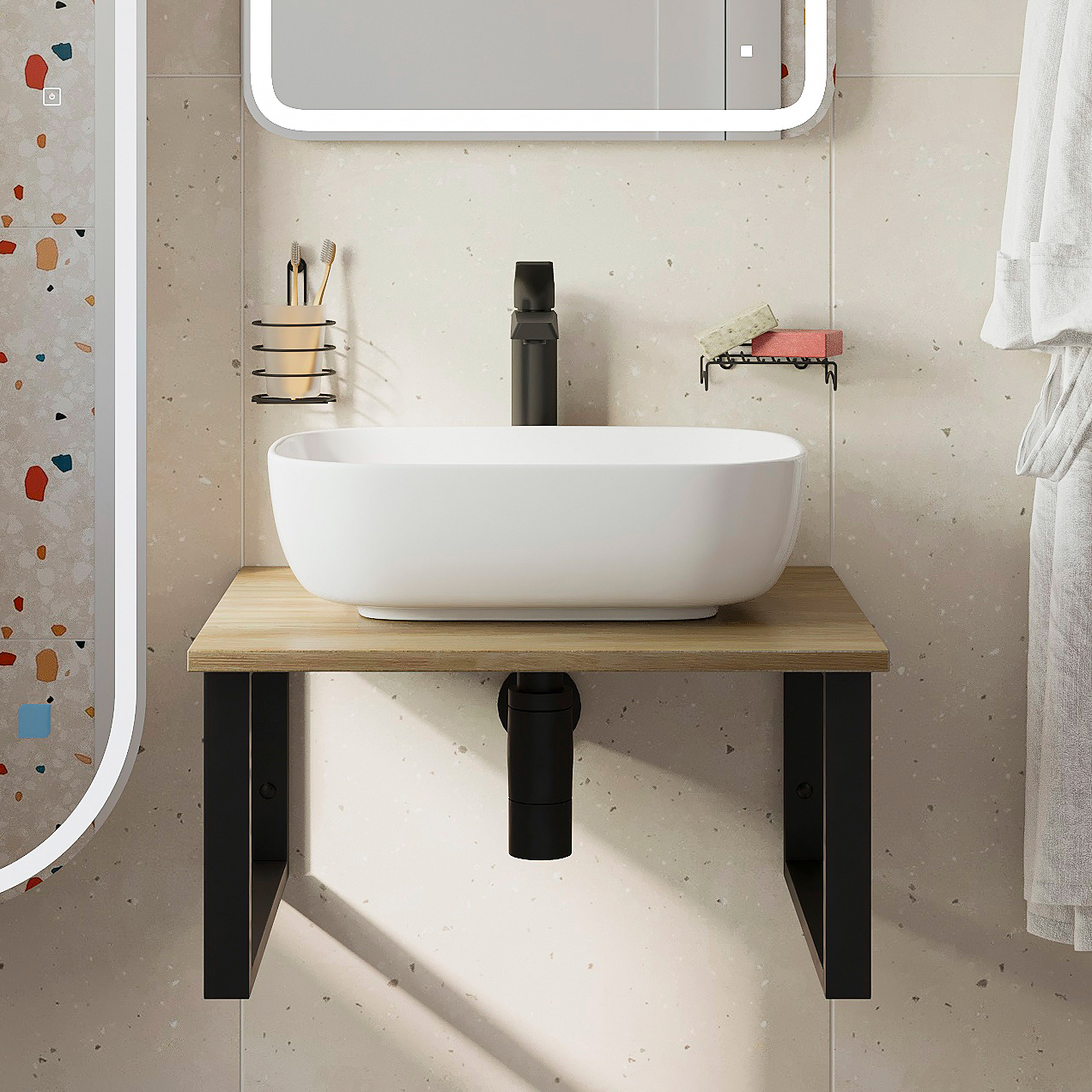 Столешница с раковиной DIWO Элиста 60 светлое дерево, с раковиной Moduo 50 Square купить в Тамбове