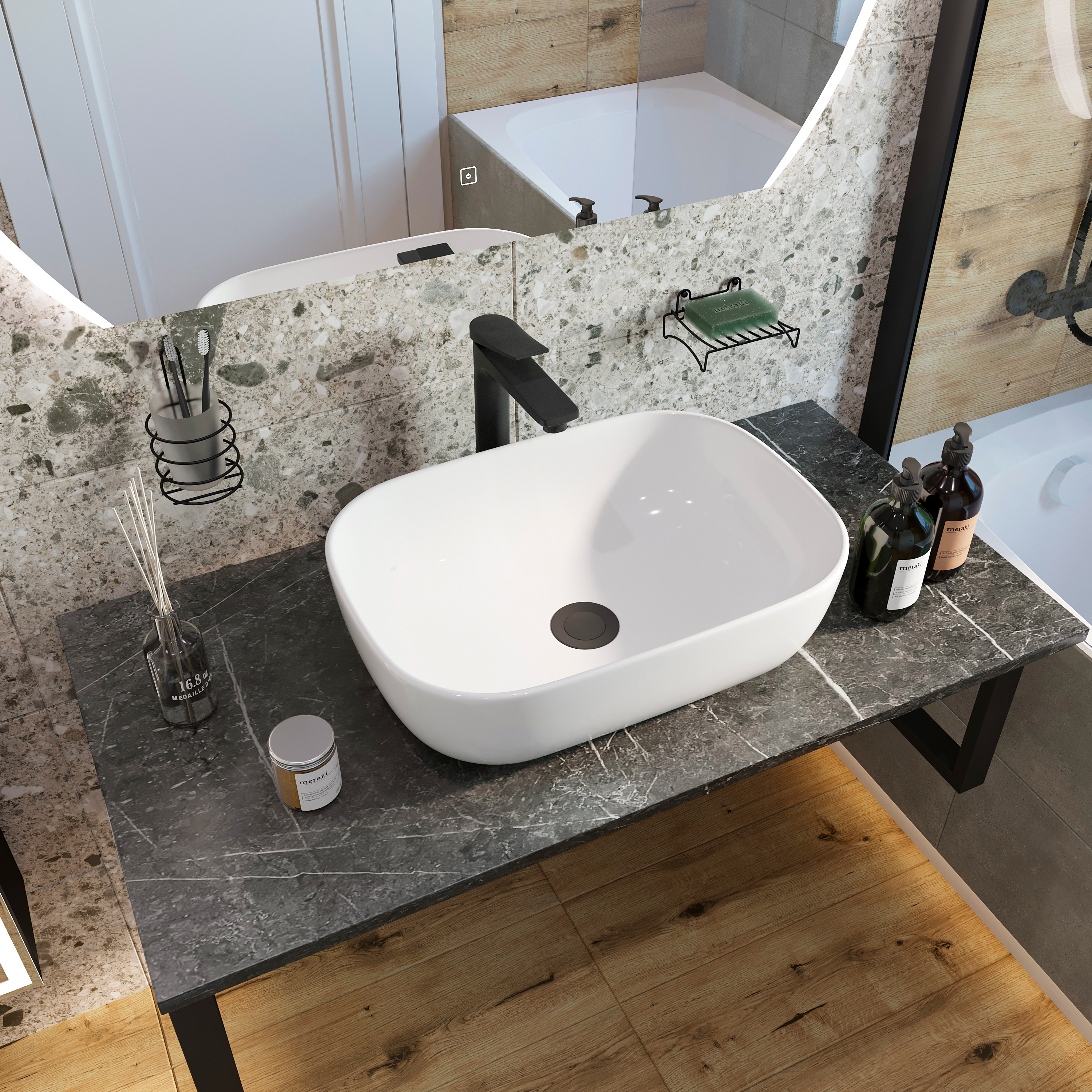 Столешница с раковиной DIWO Элиста 100 чёрный мрамор, с раковиной Moduo 50 Square купить в Тамбове