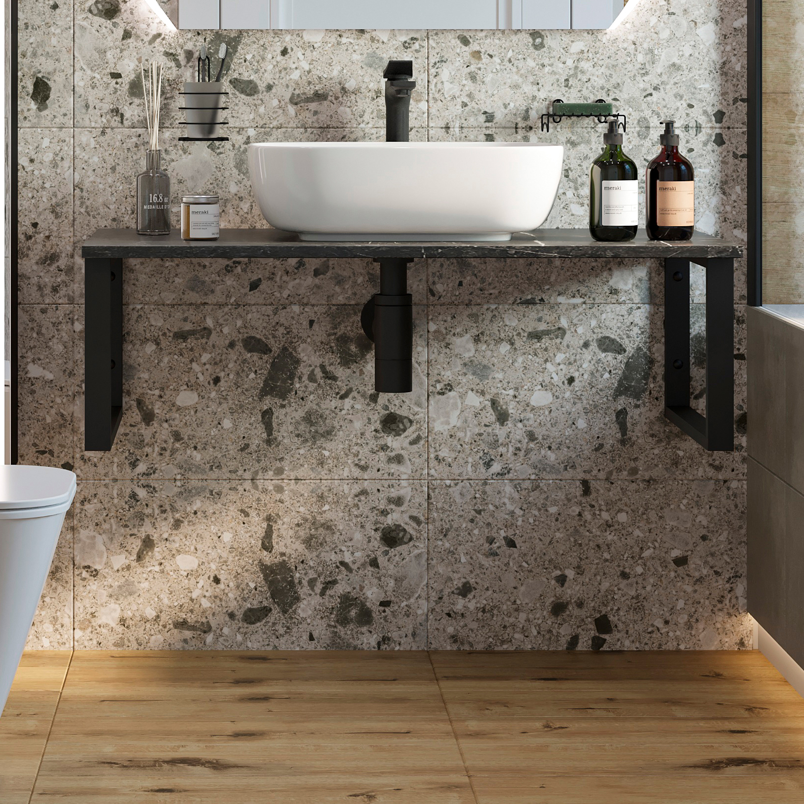 Столешница с раковиной DIWO Элиста 100 чёрный мрамор, с раковиной Moduo 50 Square купить в Тамбове