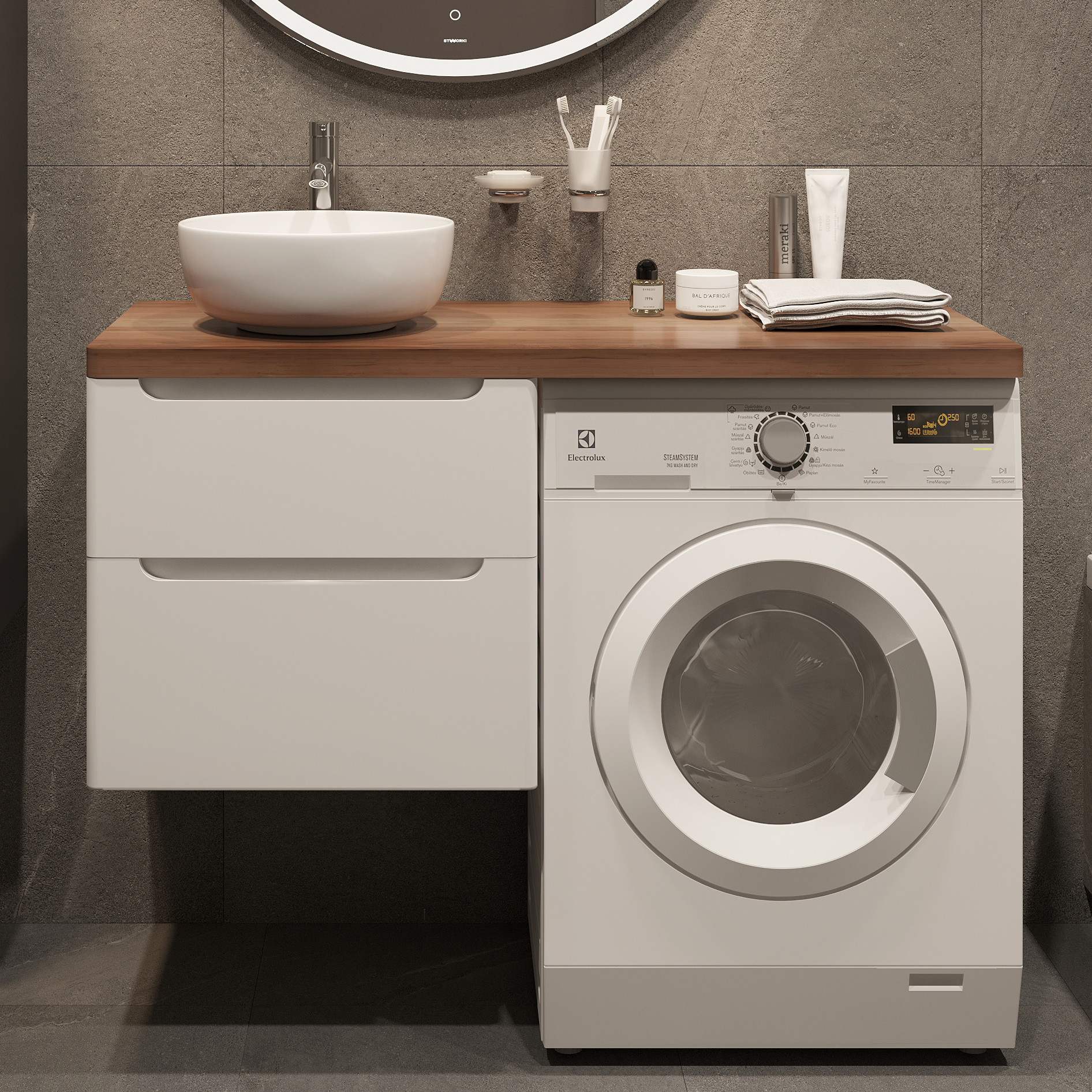 Тумба с раковиной STWORKI Берген 60 белая с темной столешницей 122, Moon 1, R купить в Тамбове