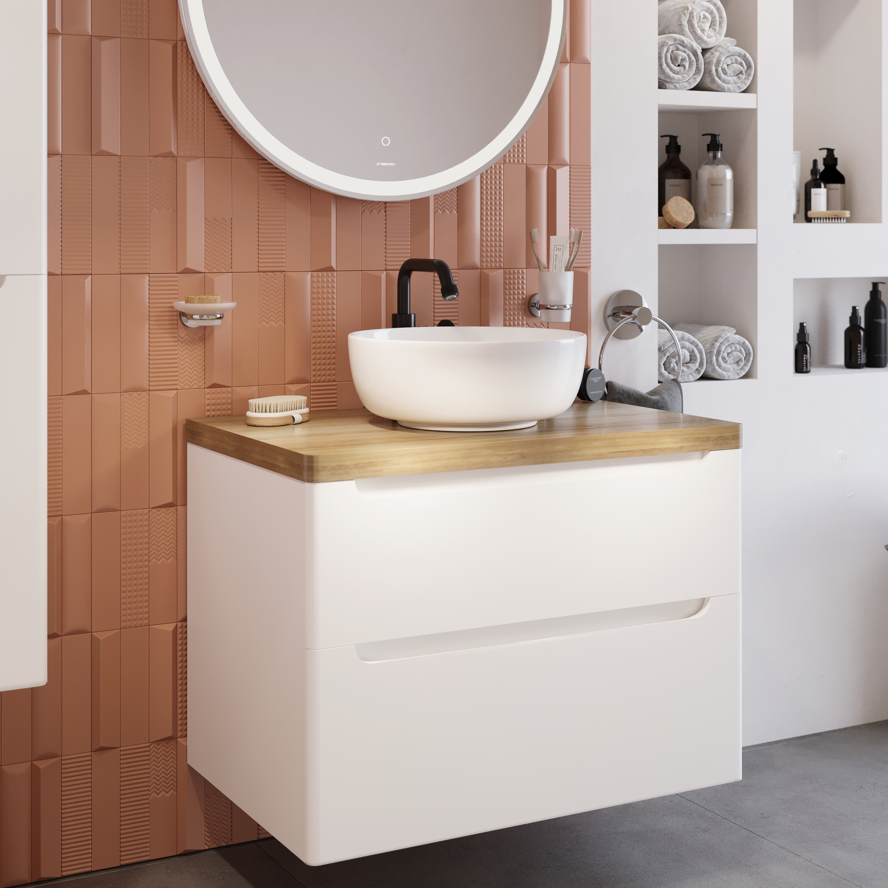 Тумба с раковиной STWORKI Берген 80 белая со светлой столешницей, Moduo 40 RING купить в Тамбове