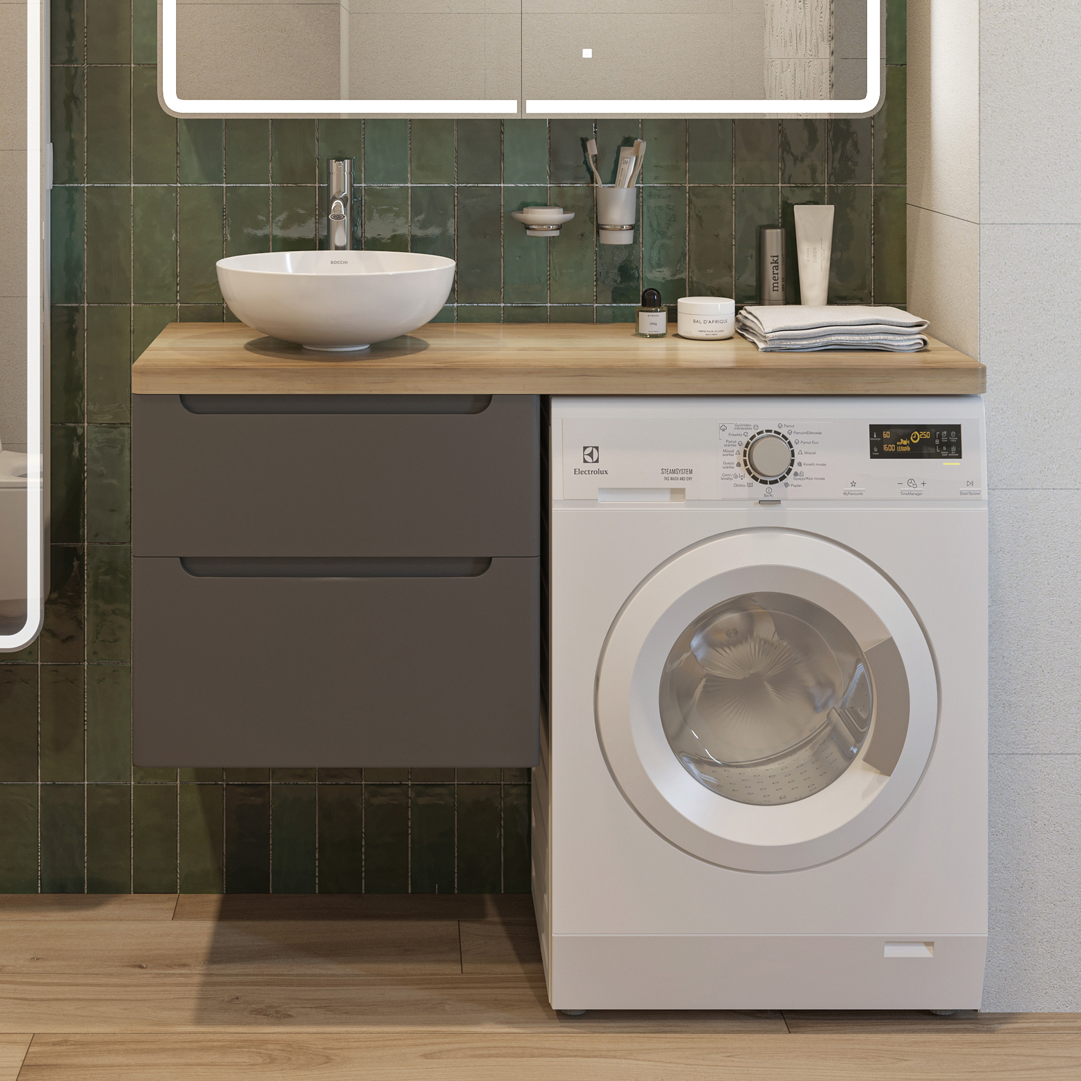 Тумба с раковиной STWORKI Берген 122 серая, со светлой столешницей, раковина BOCCHI Round