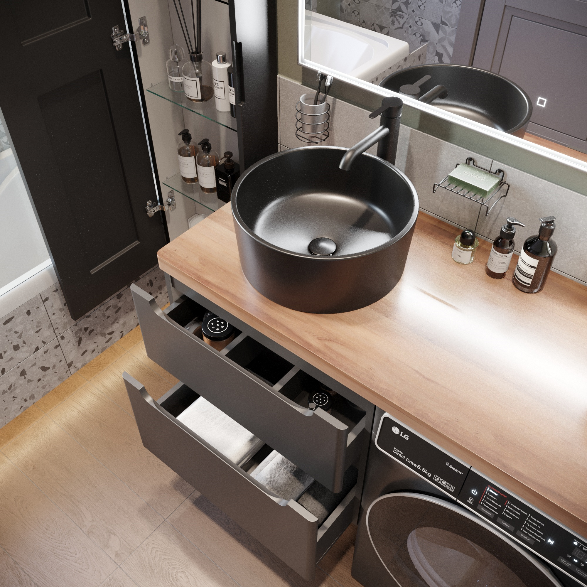 Тумба с раковиной STWORKI Берген 60 серая с темной столешницей 122, с раковиной на выбор, R купить в Тамбове