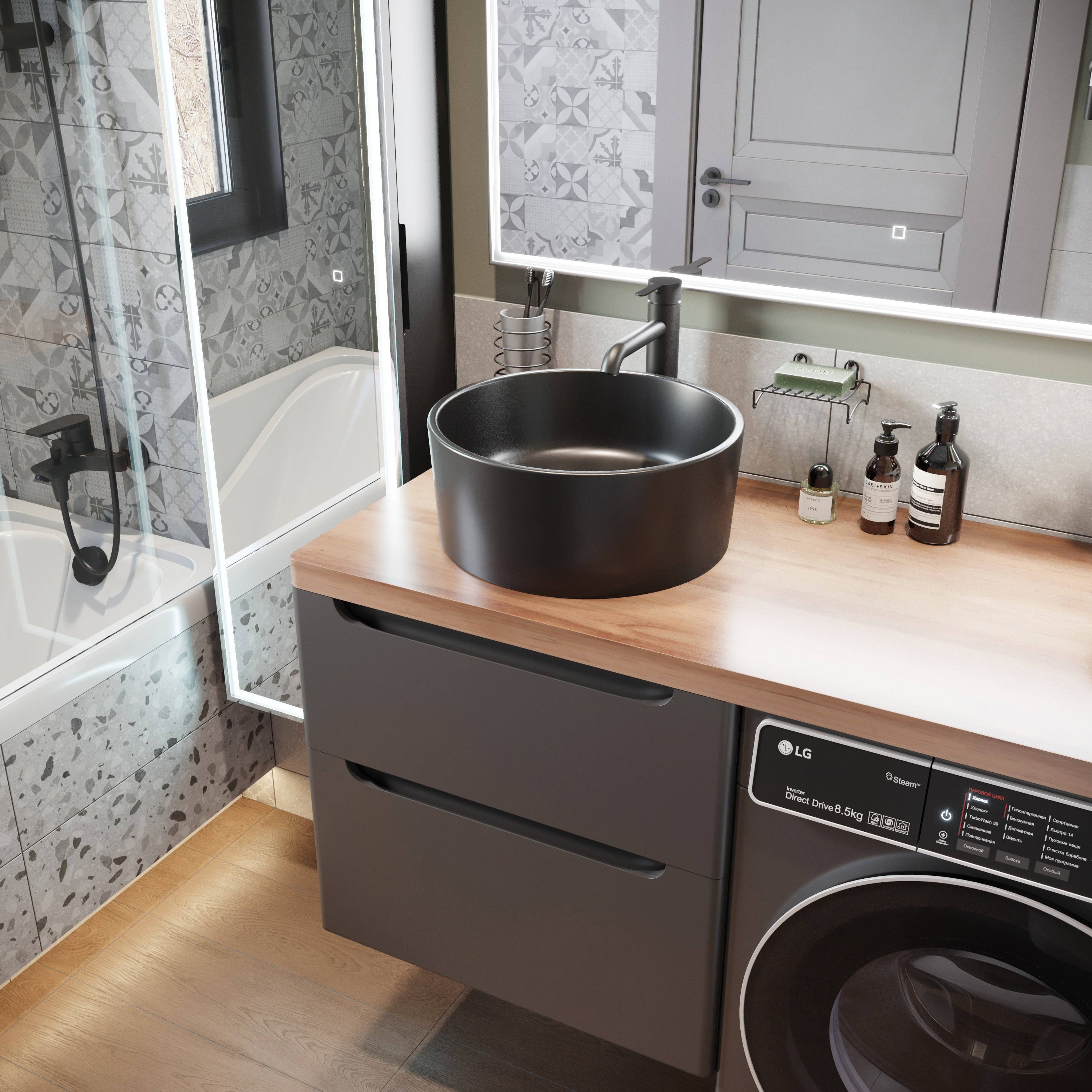 Тумба с раковиной STWORKI Берген 60 серая с темной столешницей 122, с раковиной на выбор, R купить в Тамбове