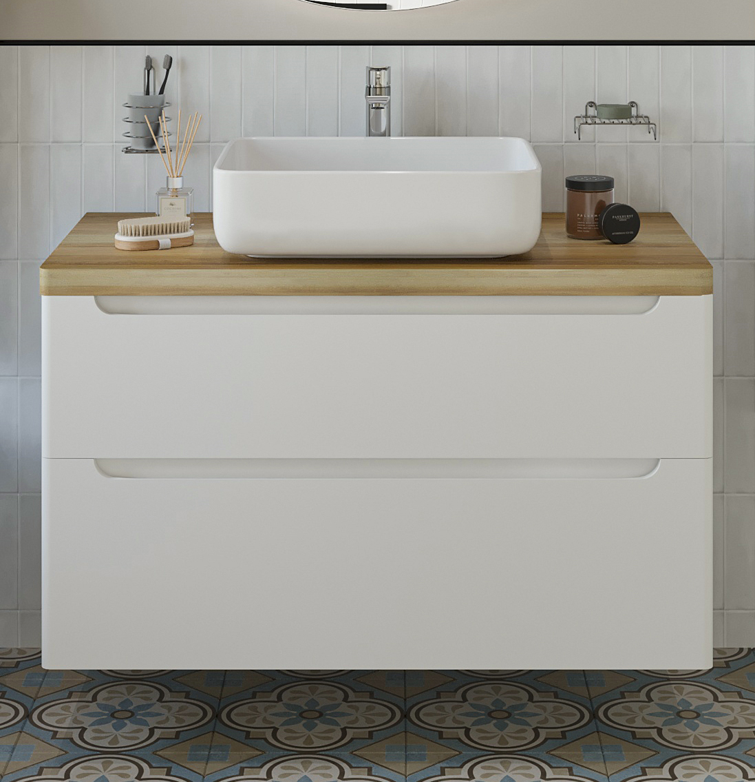 Тумба с раковиной STWORKI Берген 100 белая со светлой столешницей купить в Тамбове