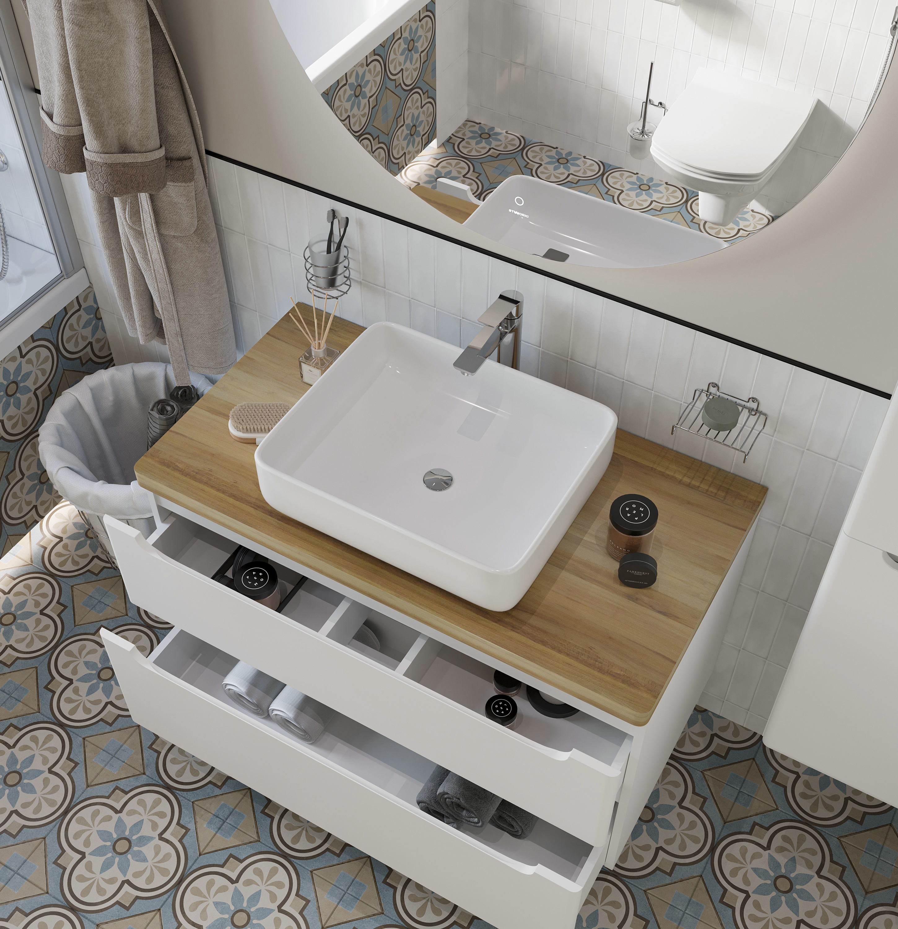 Тумба с раковиной STWORKI Берген 100 белая со светлой столешницей купить в Тамбове