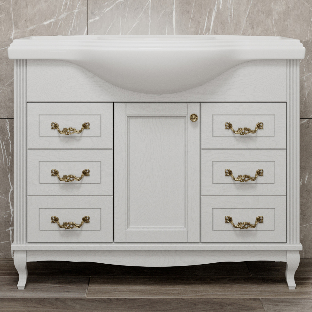 Тумба с раковиной ValenHouse Эллина 105 белая, 6 ящиков, 1 дверца, ручки бронза