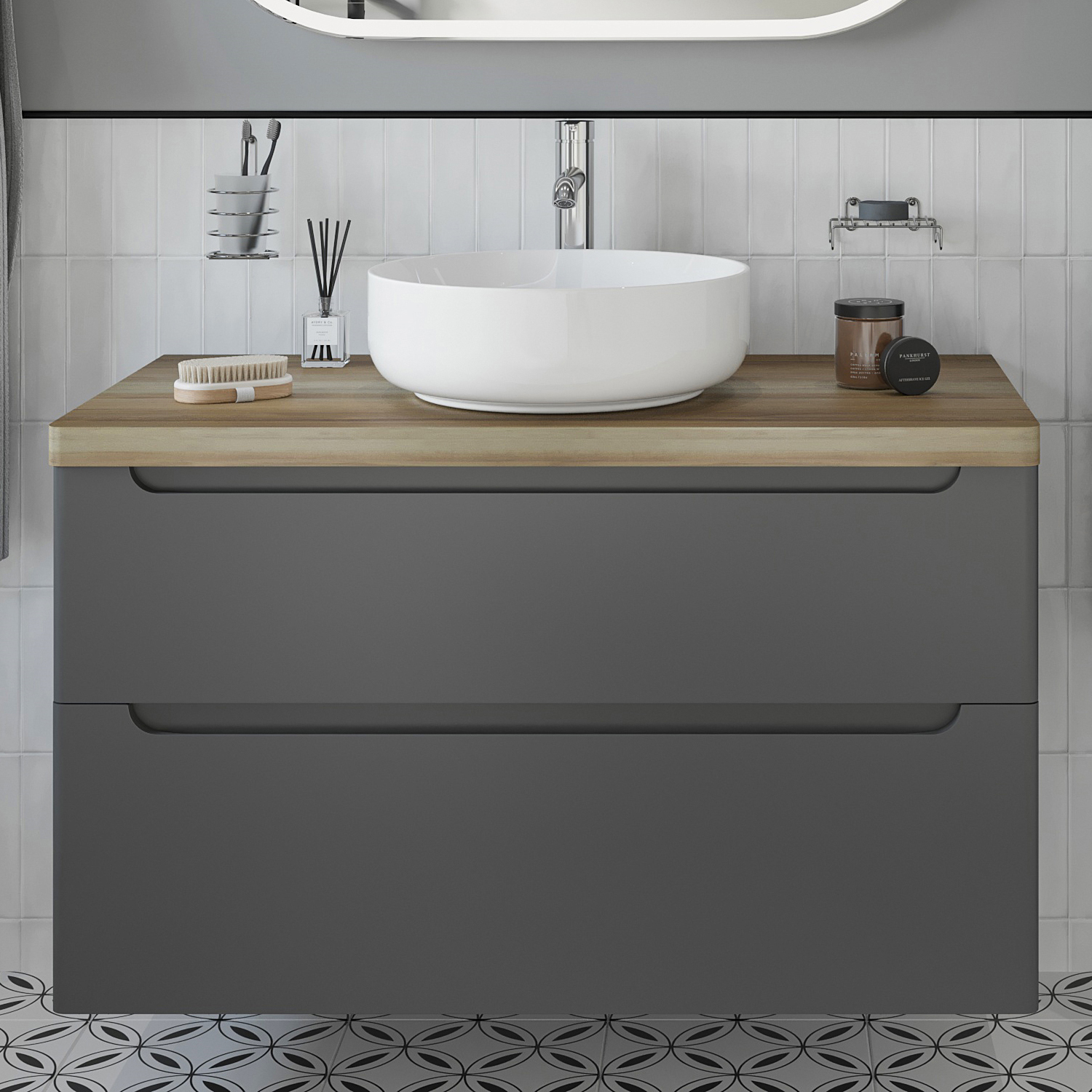 Тумба с раковиной STWORKI Берген 100 серая со светлой столешницей, Moon 1